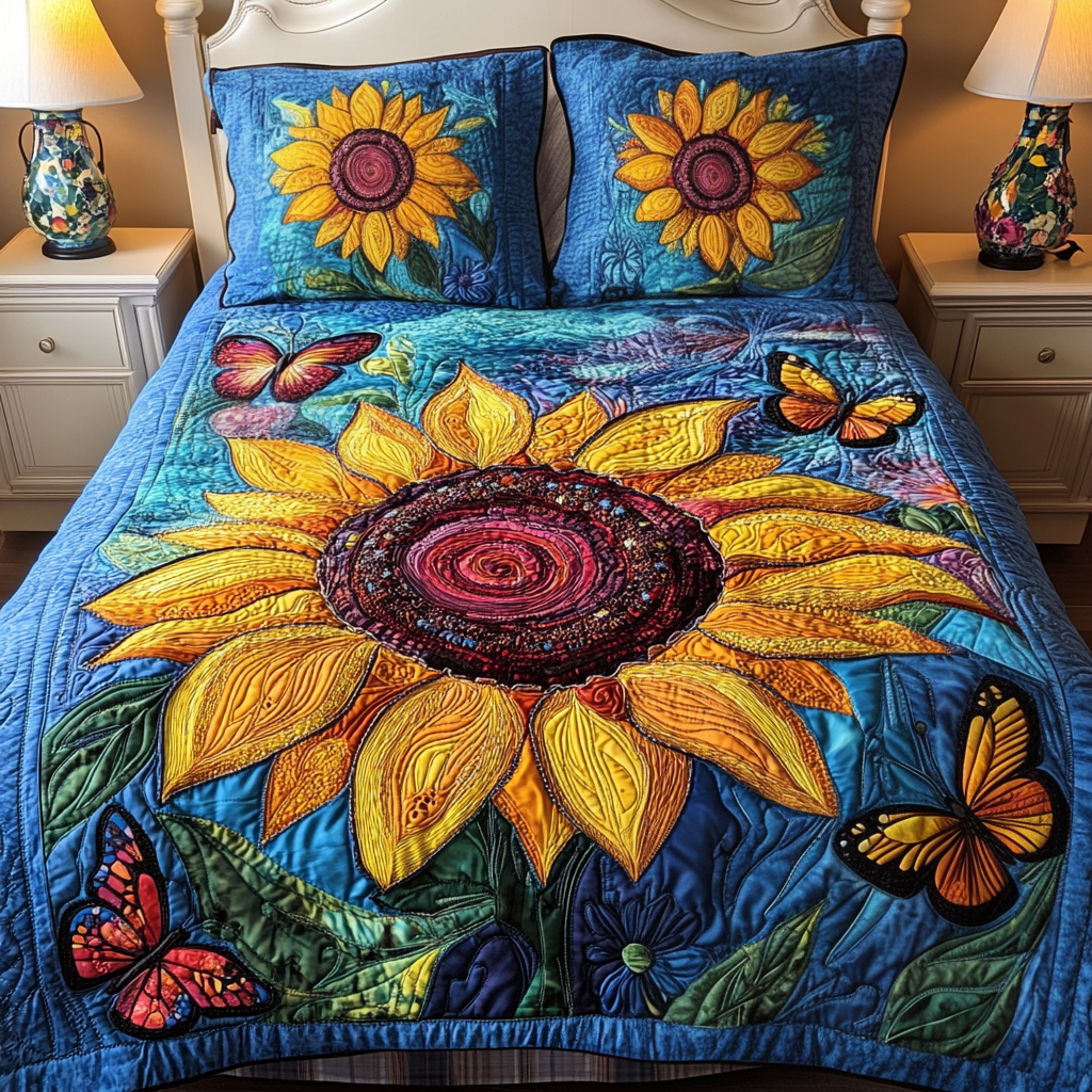 Butterfly Blooms Quilted Bedding Set Aesthetic Room Decor Sunflower Gift Items