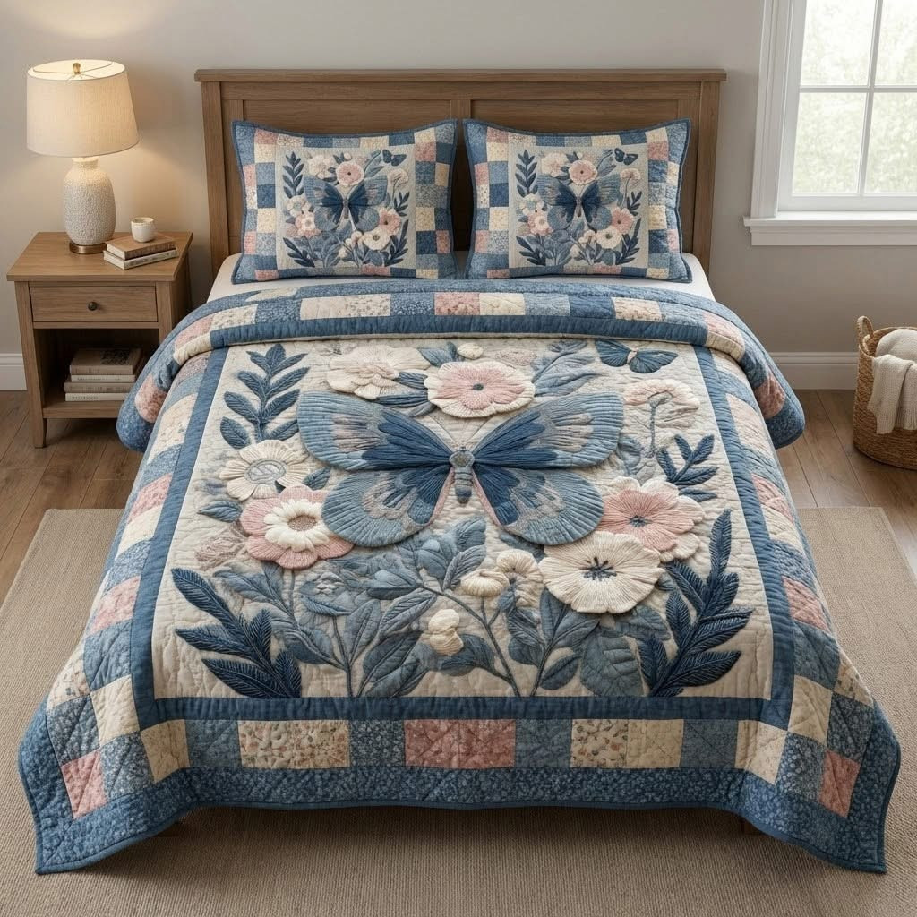 Butterfly Blue Petal Quilted Bedding Set Duvet Cover Bedspread Set Unique Mother's Day Gifts