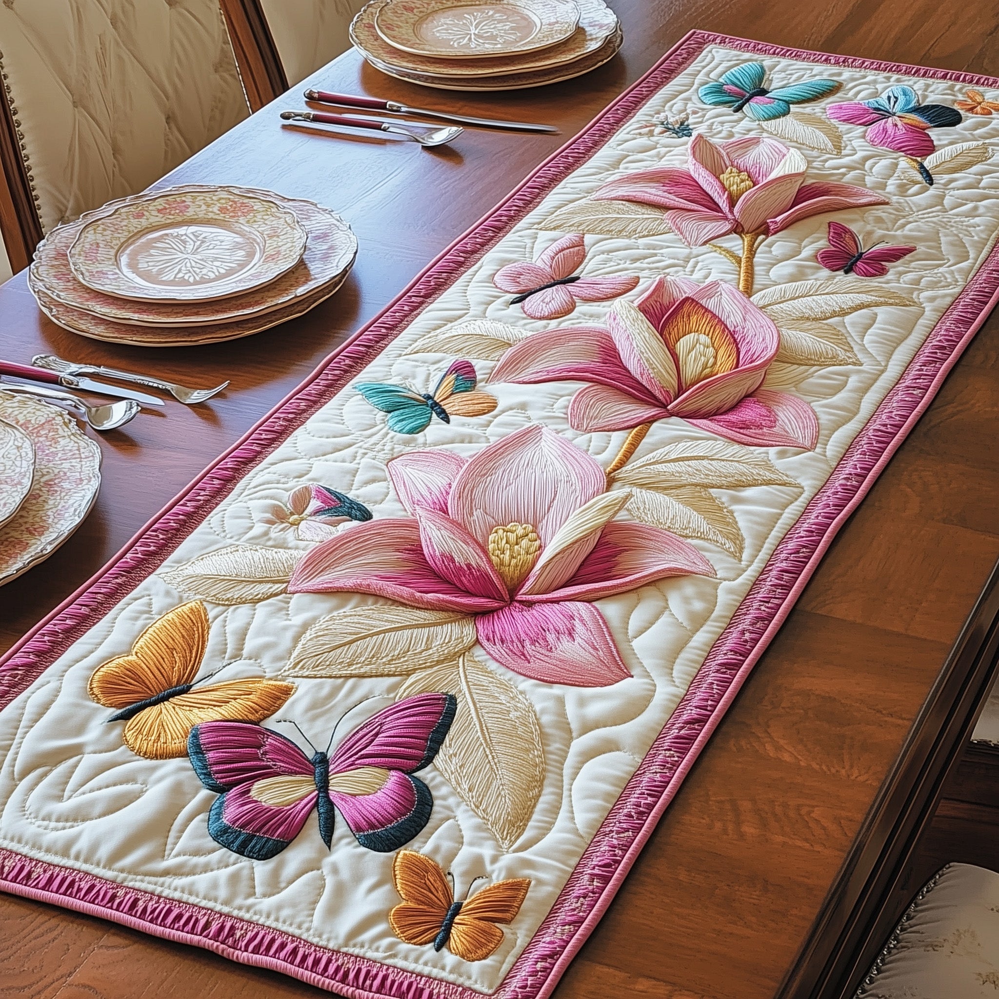 Butterfly Magnolia Quilted Table Runner Dining Decor Butterfly Gifts Mother's Day