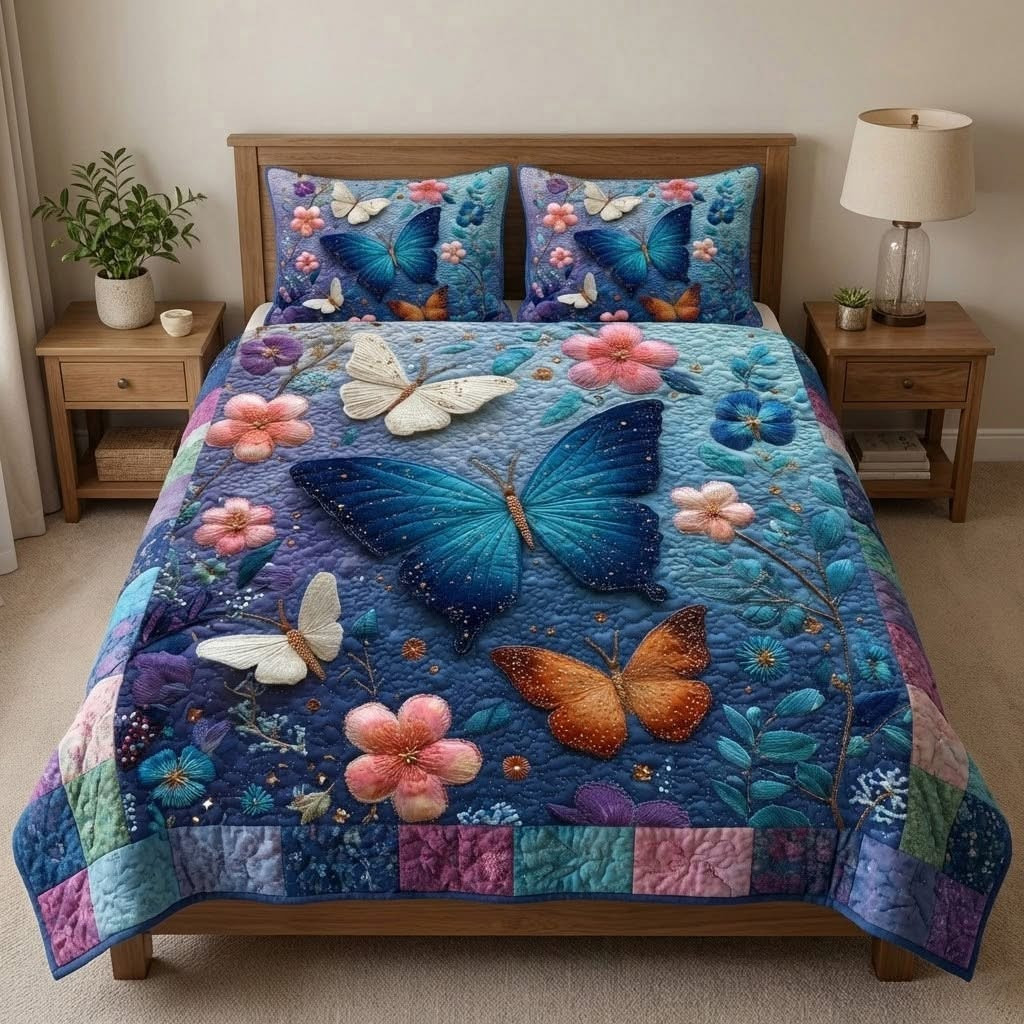 Butterfly Midnight Flutter Quilted Bedding Set Duvet Cover Bedspread Set Gifts Ideas For Mom