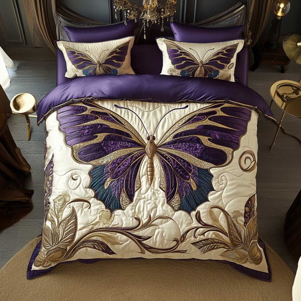 Butterfly Purple Golden Glow Quilted Bedding Set Bedroom Ideas Gifts For Butterfly Lovers