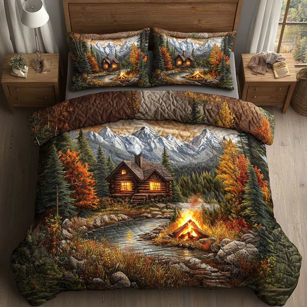 Cabin Campfire Mountains Quilted Bedding Set Unique Bed Sheet Set Good Family Gifts