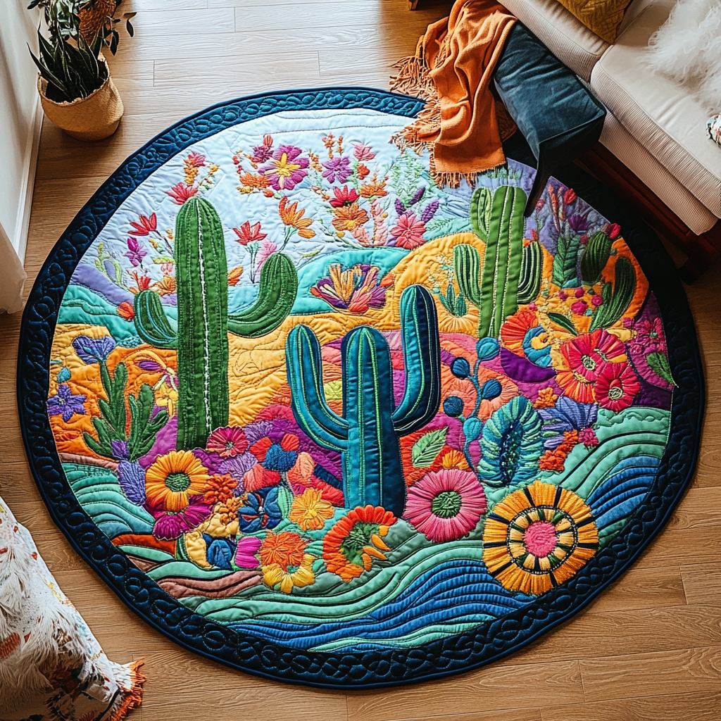 Cactus Blossom Retreat Quilted Round Mat Round Indoor Area Rugs Cactus Themed Gifts