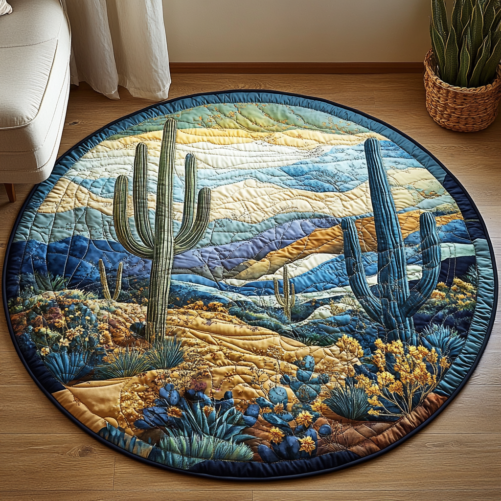 Cactus Charm Quilted Round Mat Round Rugs Indoor Cactus Gifts For Her