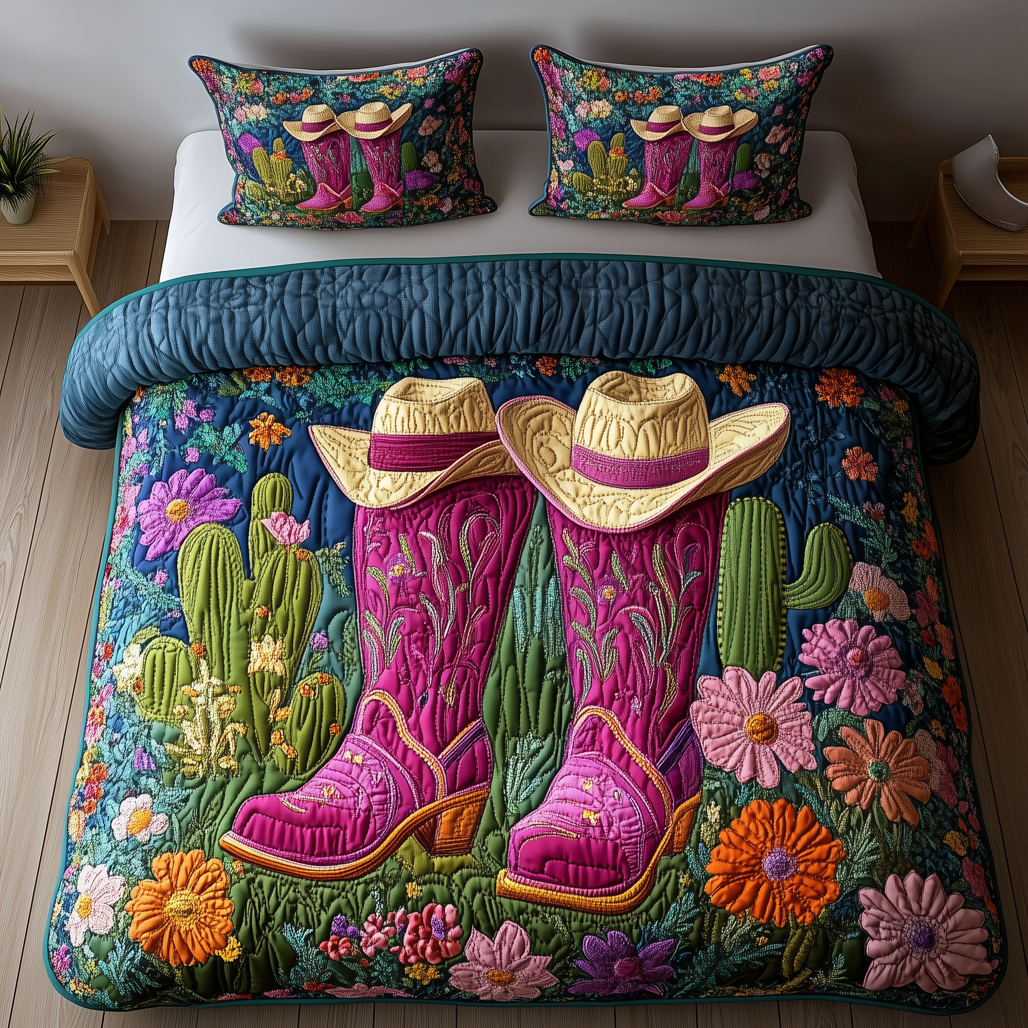 Cactus Cowboy Boot Quilted Bedding Set Bed Bedding Set Cowboys Father'S Day Gifts