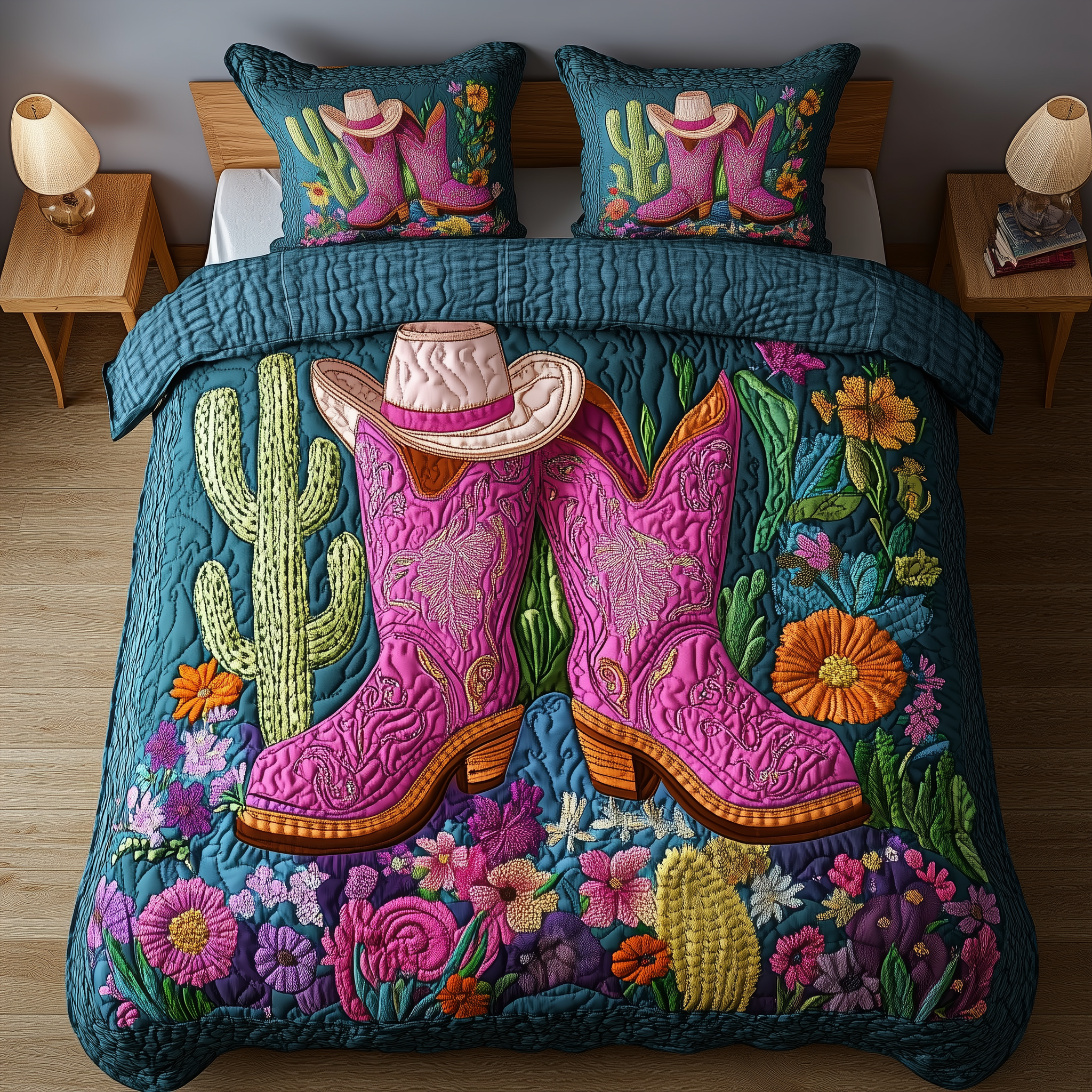 Cactus Cowboy Boot Quilted Bedding Set Bed Comforter Sets Cool Gifts For Cowboys