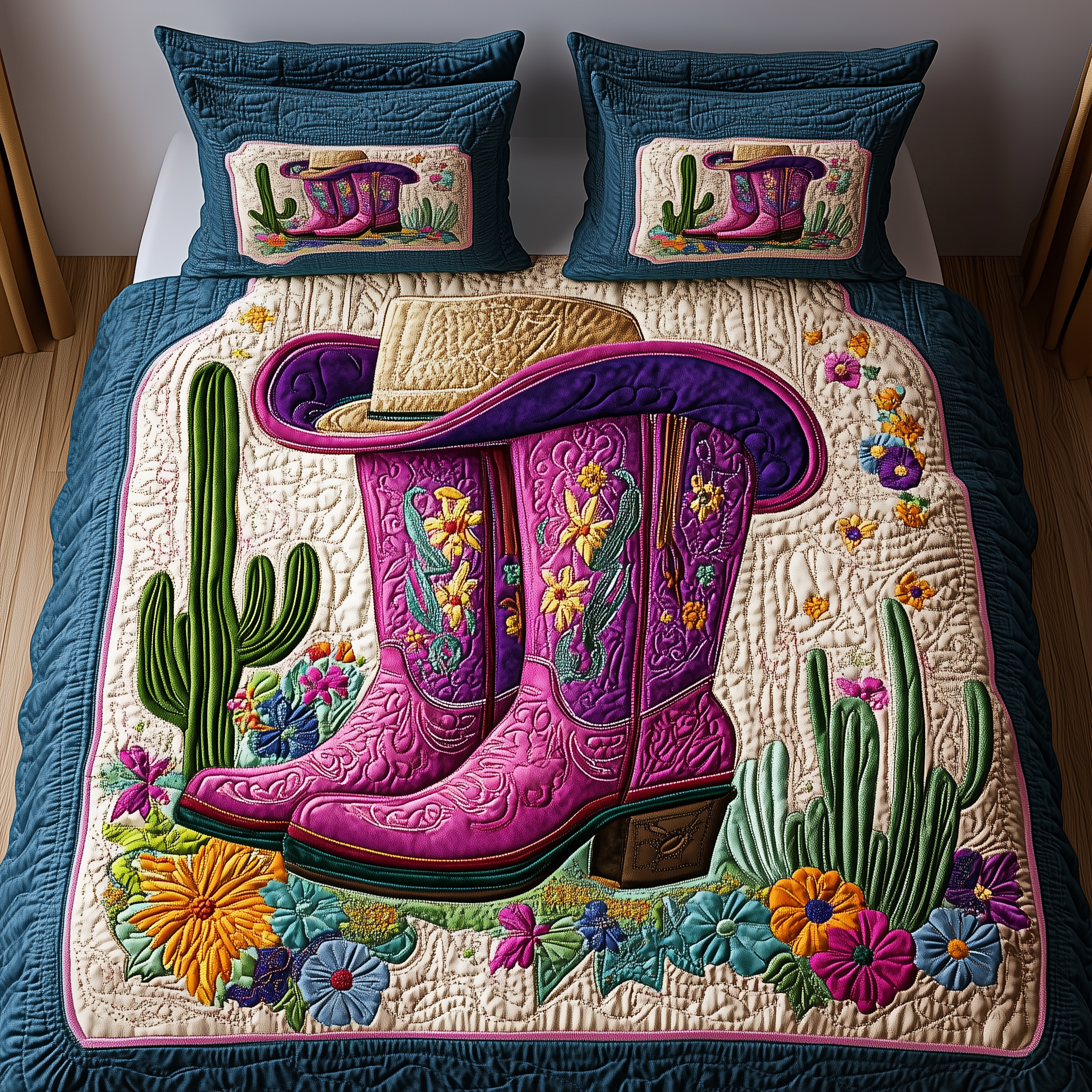 Cactus Cowboy Boot Quilted Bedding Set Nice Bedding Sets Gifts For Western Lovers