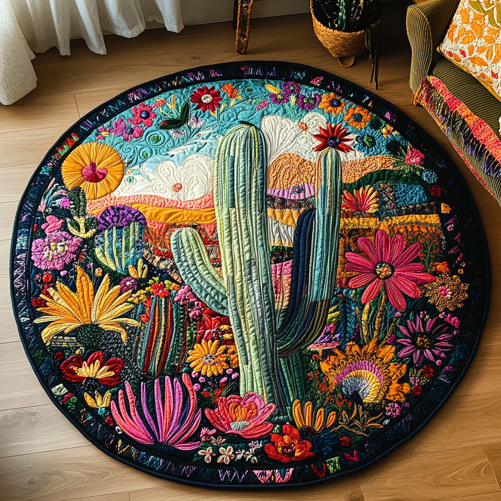Cactus Garden Bliss Quilted Round Mat Round Rugs Large Cactus Housewarming Gift