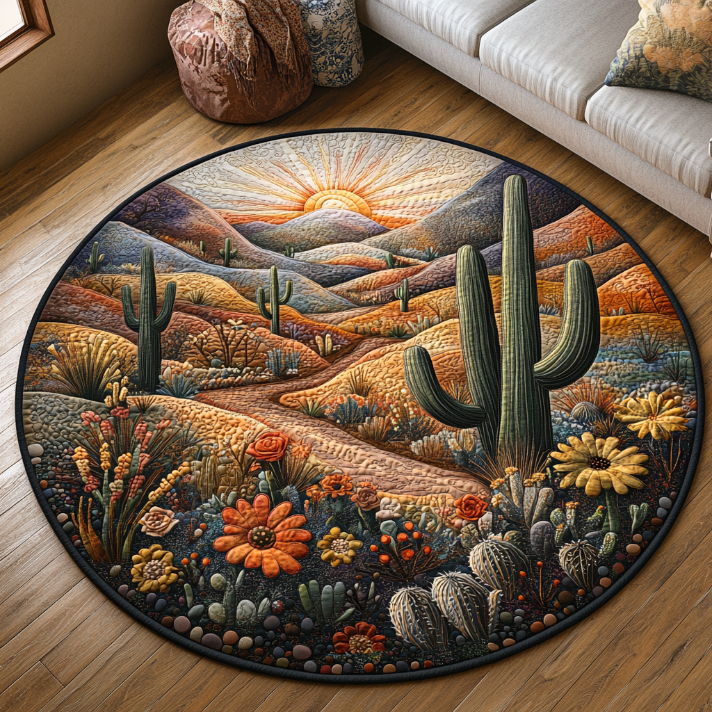Cactus Garden Quilted Round Mat Small Round Carpets Best Cactus Gifts