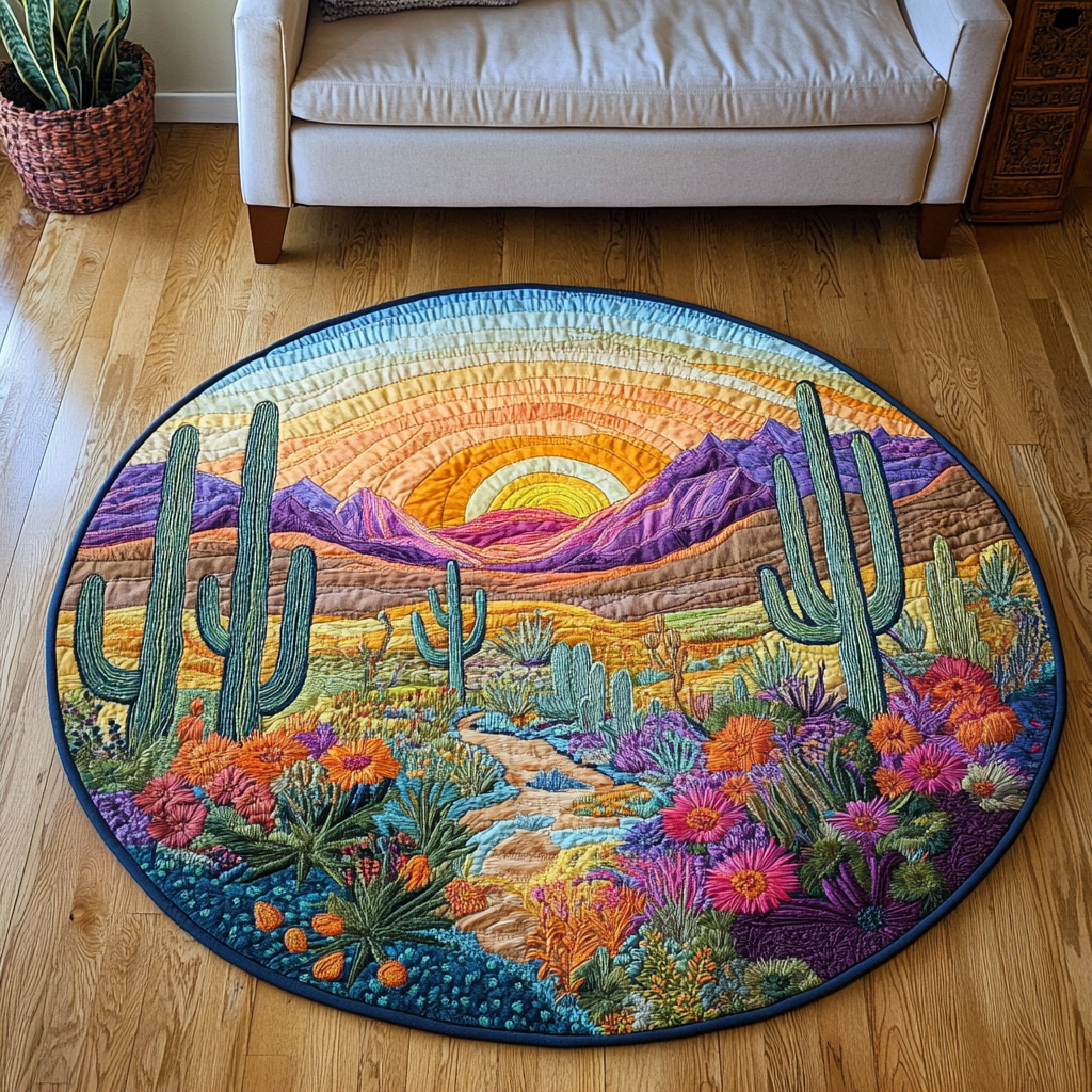 Cactus Grove Quilted Round Mat Rug With Circles Cactus Gifts For Him