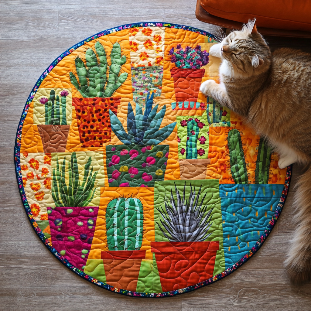 Cactus Haven Retreat Quilted Round Mat Small Round Carpet Rugs Cactus Birthday Gift