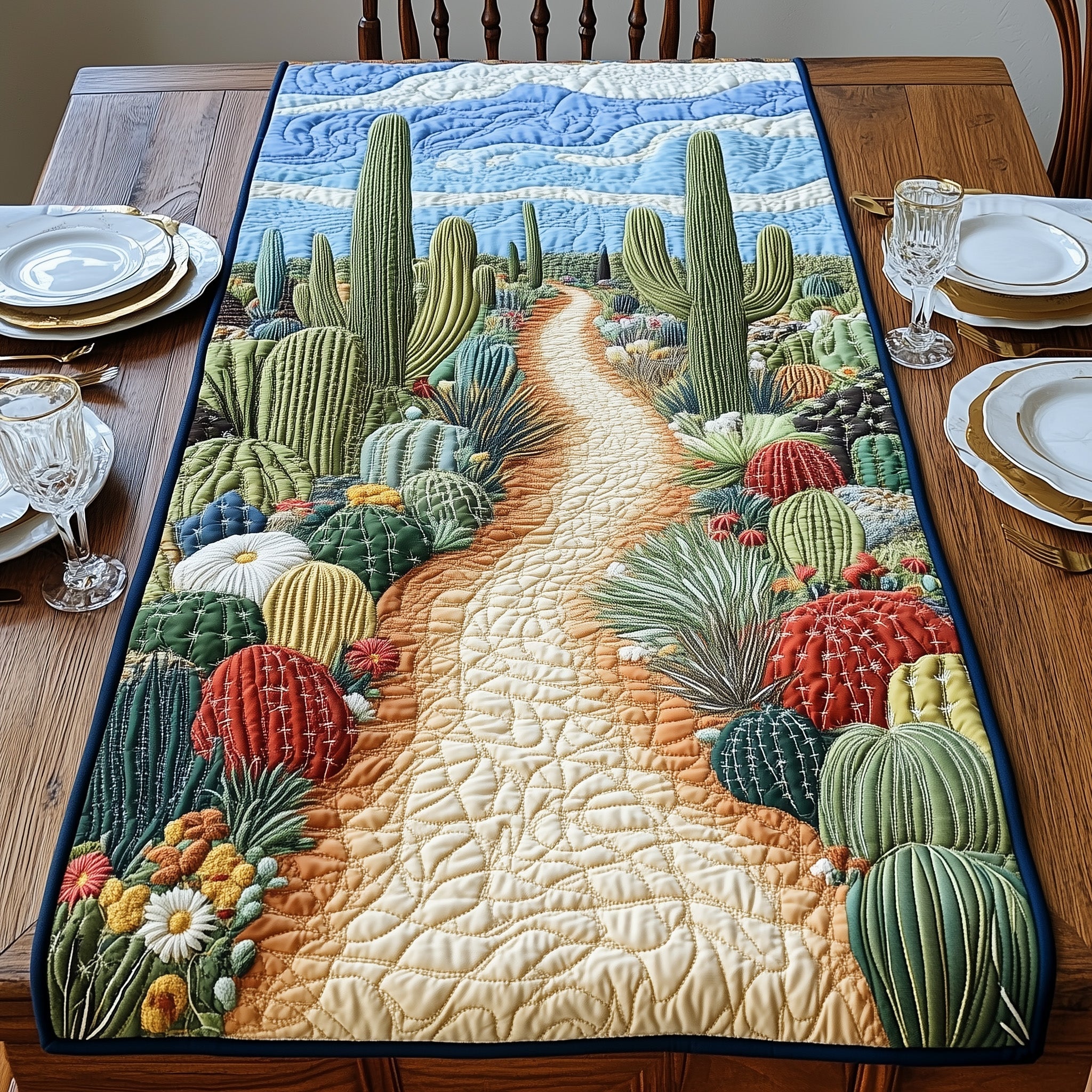 Cactus Road to Sky Quilted Table Runner Dinner Table Runner Cactus Birthday Gift