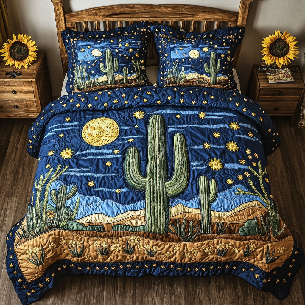 Cactus Sky Quilted Bedding Set Cute Room Decor Cactus For Birthday Gift