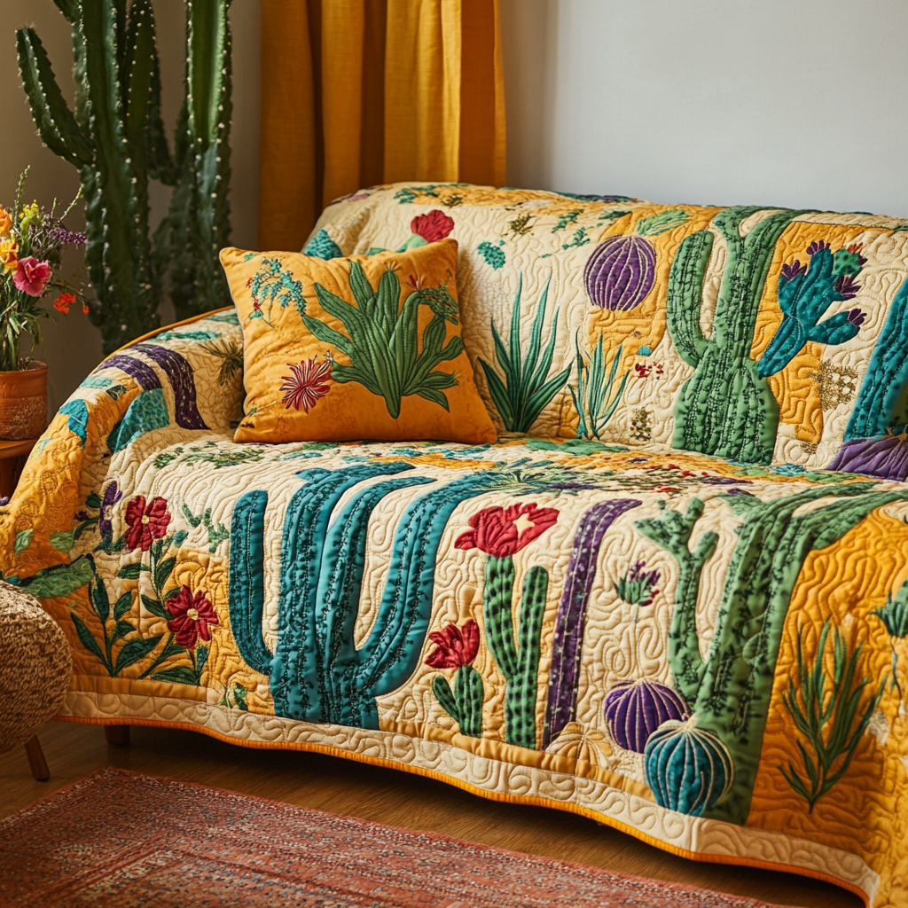 Cactus Spirit Quilted Sofa Cover Indoor Decoration Cactus Themed Gifts
