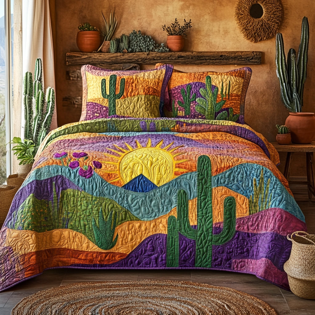 Cactus Sunrise Quilted Bedding Set Cute Bed Sets For Teens Good Mothers Day Gifts