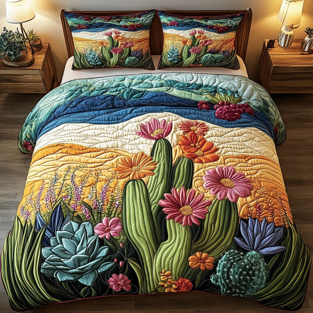 Cactus Sunset Bliss Quilted Bedding Set Cozy Bedroom Decor Cactus Themed Birthday Gifts