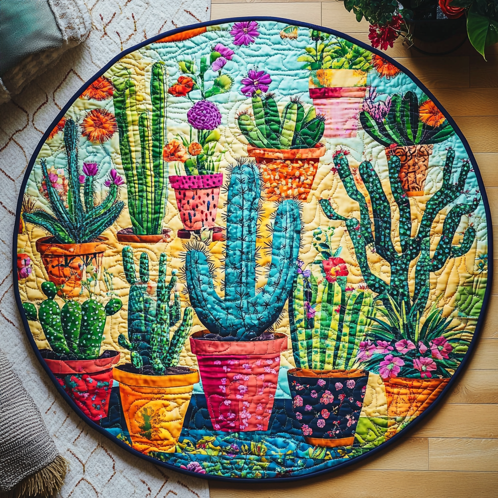 Cactus Sunset Glow Quilted Round Mat Modern Circle Rug Cactus For Birthday Gift