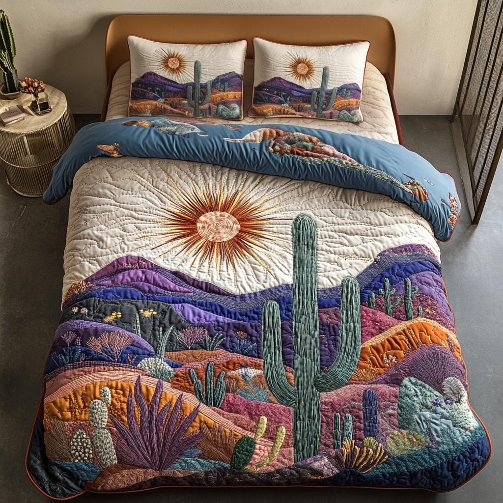 Cactus Sunset Quilted Bedding Set Best Bed Sheet Set Succulent Gift For Him Her