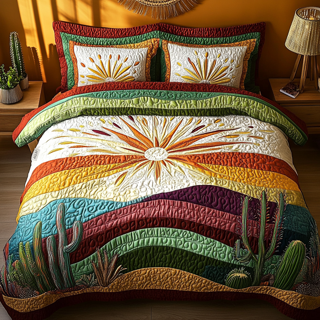 Cactus Sunset Quilted Bedding Set Best Bedsheets Gift For Cactus Lover
