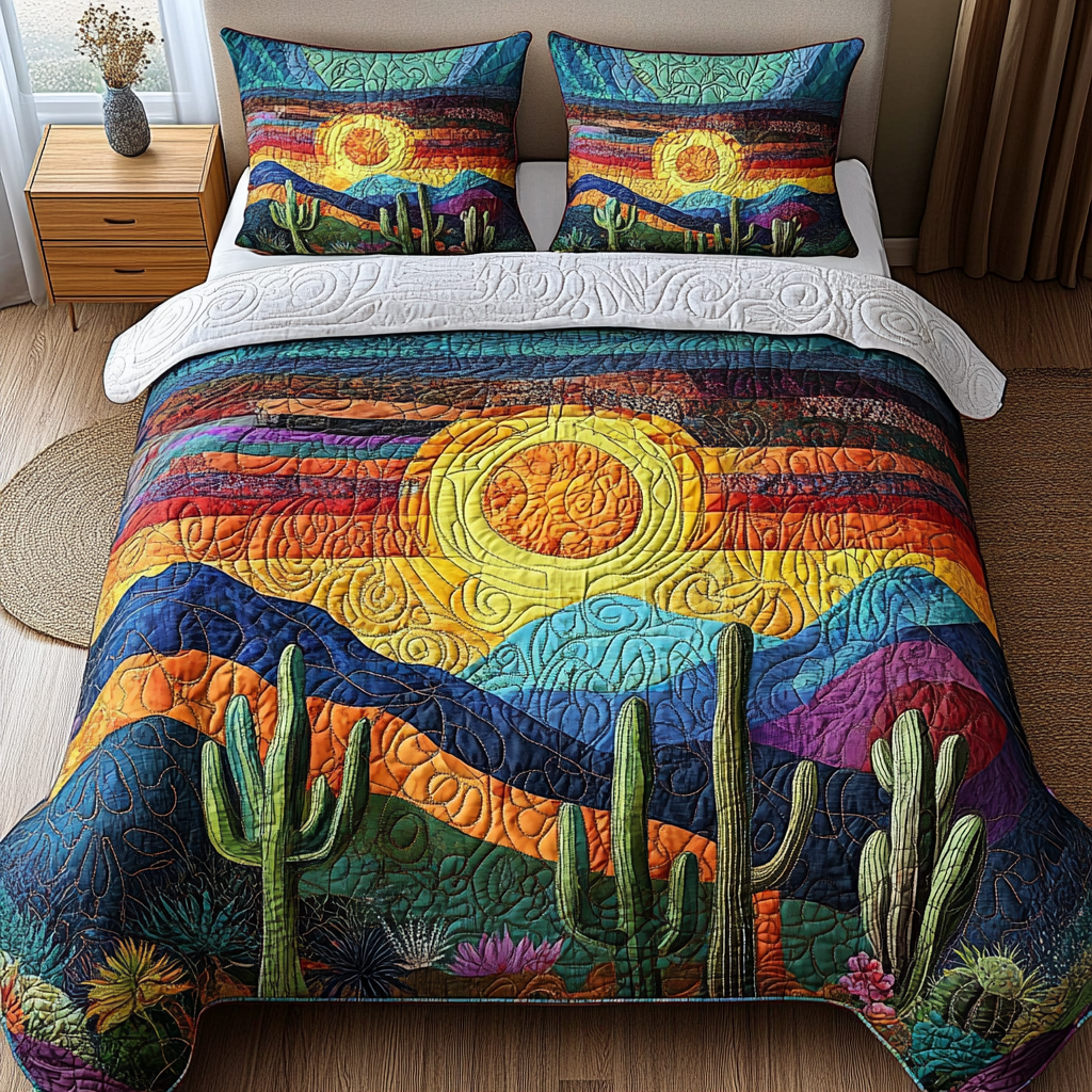Cactus Sunset Quilted Bedding Set Best Bedspread Set Cactus Related Gifts For Friends
