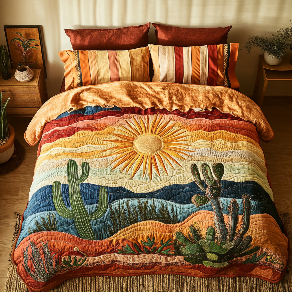 Cactus Sunset Quilted Bedding Set Unique Bed Sheets Great CactusLover Gifts