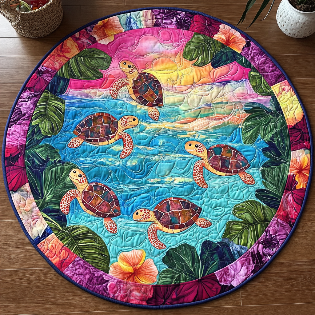 Calm Coastline Quilted Round Mat Round Mats For Floor Sea Turtle Merchandise