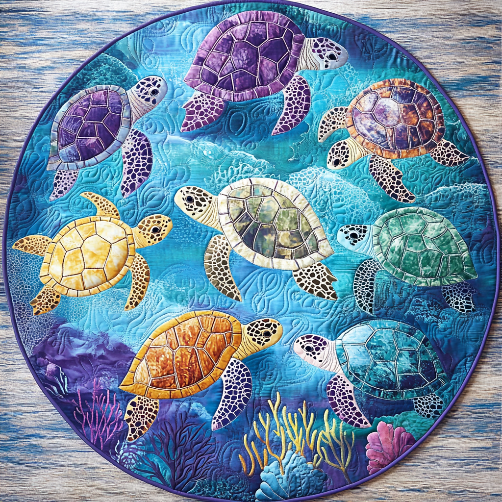 Calm Turtle Quilted Round Mat Round Holiday Rugs Gifts For Sea Turtle Lovers