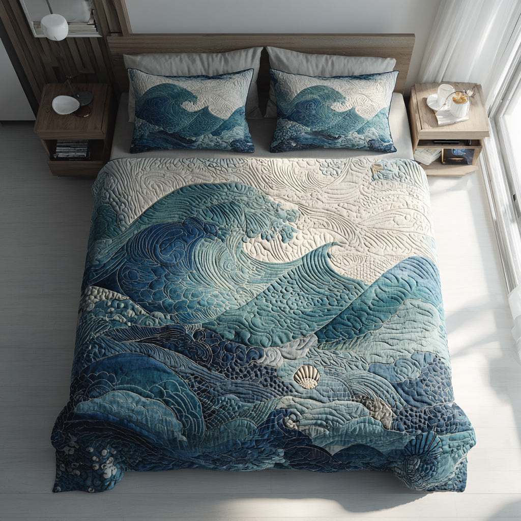 Calming Ocean Waves Quilted Bedding Set Bedroom Decor Ideas Gifts For Sea Turtle Lovers