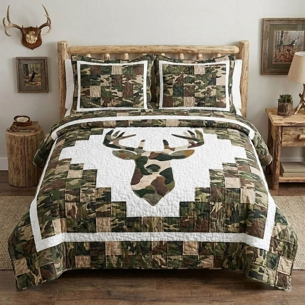 Camo Trophy Buck Quilted Bedding Set Deer Lodge Duvet Cover Set Best Gifts For Hunters