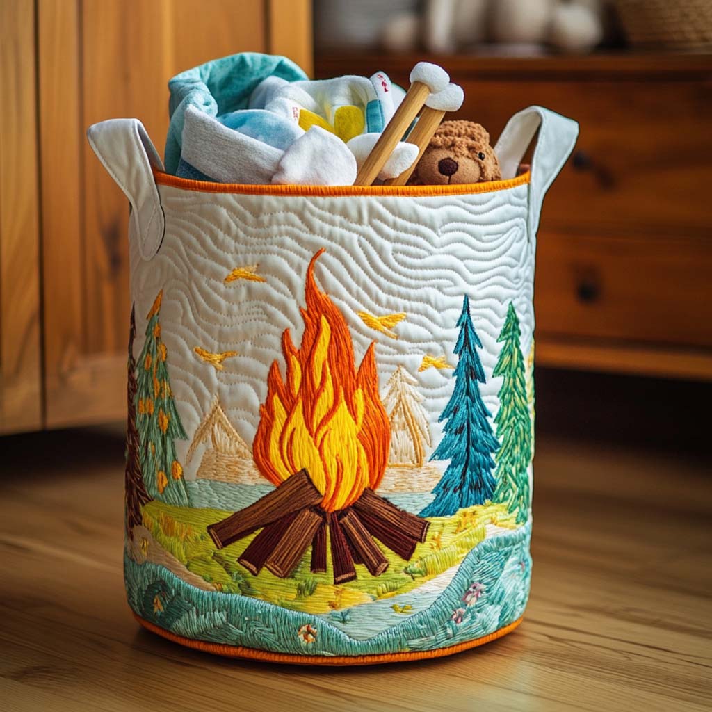 Campfire Glow Quilted Laundry Basket Foldable Storage Bin Awesome Gifts For Camping Lovers
