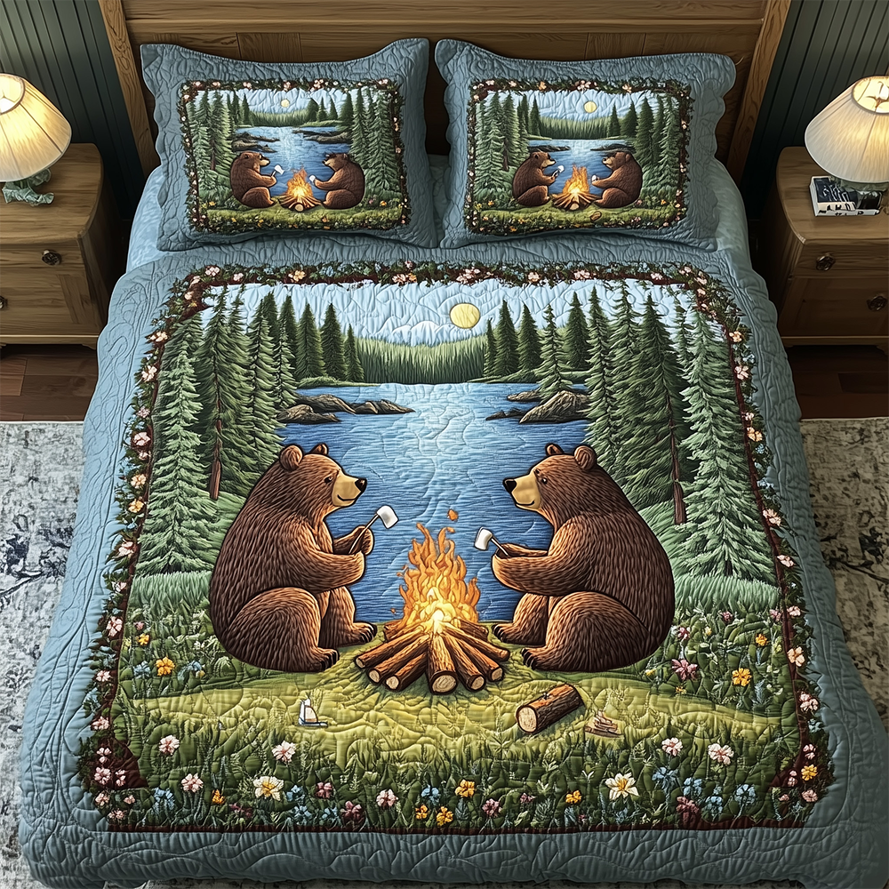 Camping Bear Quilted Bedding Set Bedding Decor Father's Day Gifts For Grandpa