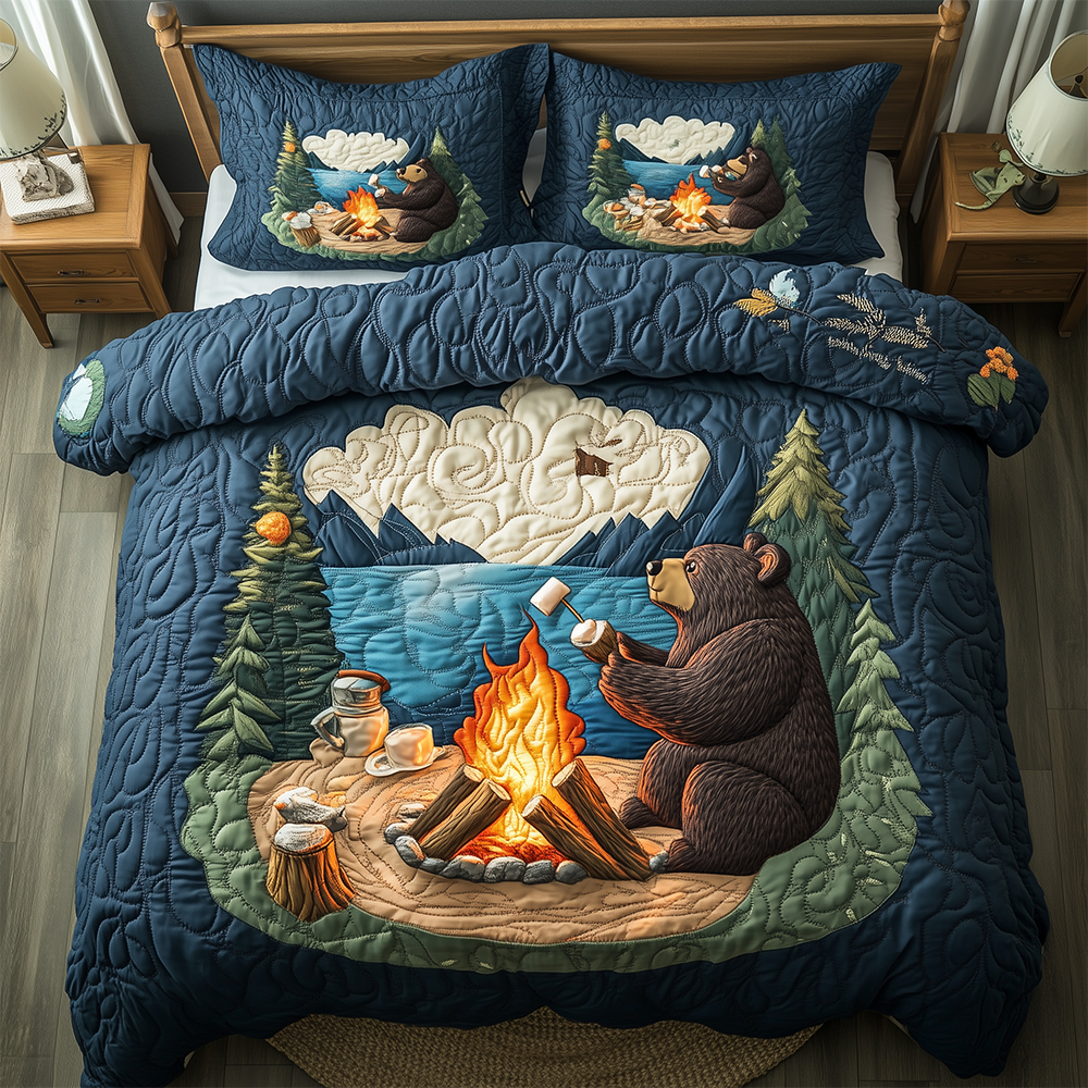 Camping Bear Quilted Bedding Set Over The Bed Decor Father's Day Gifts For Husband