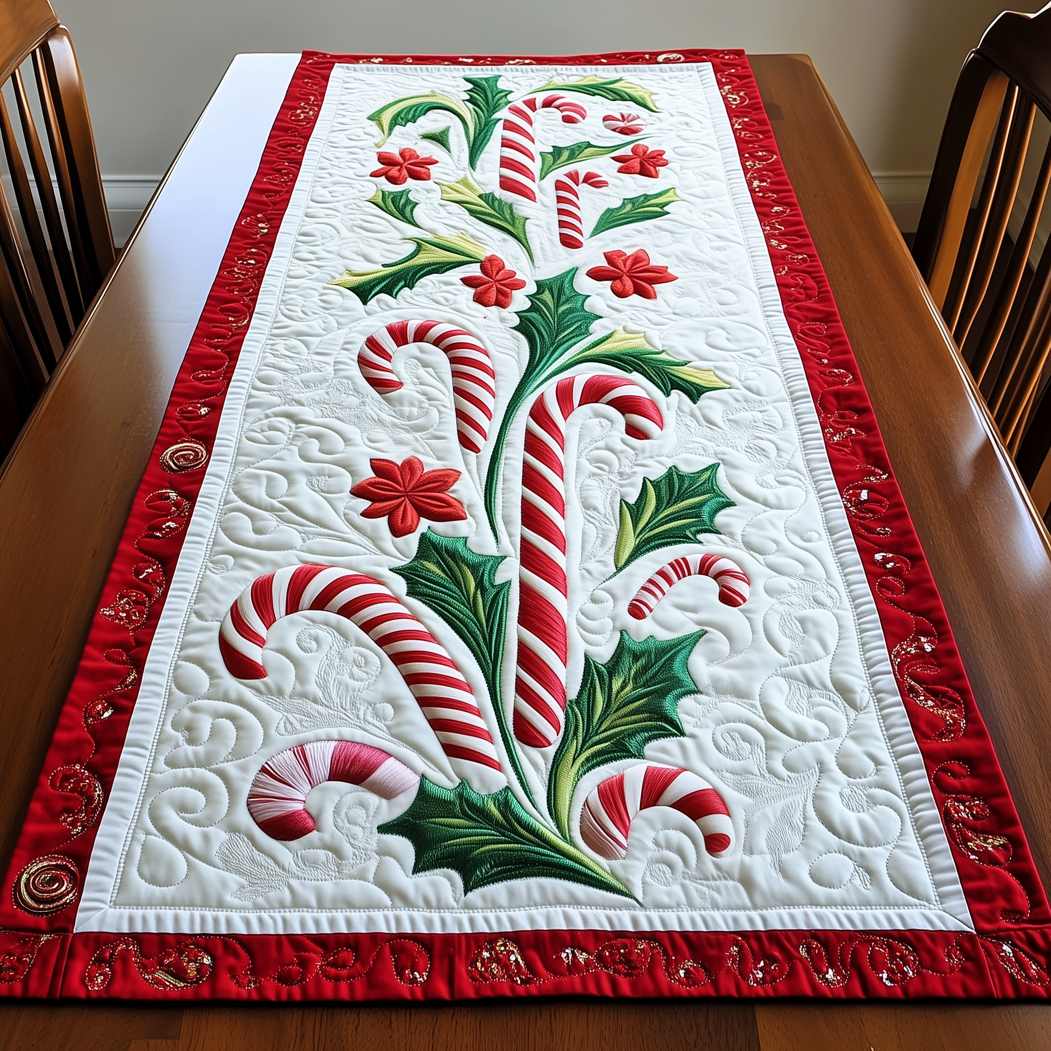 Candy Canes Quilted Table Runner Elegant Holiday Decor Present For Mother In Law Christmas
