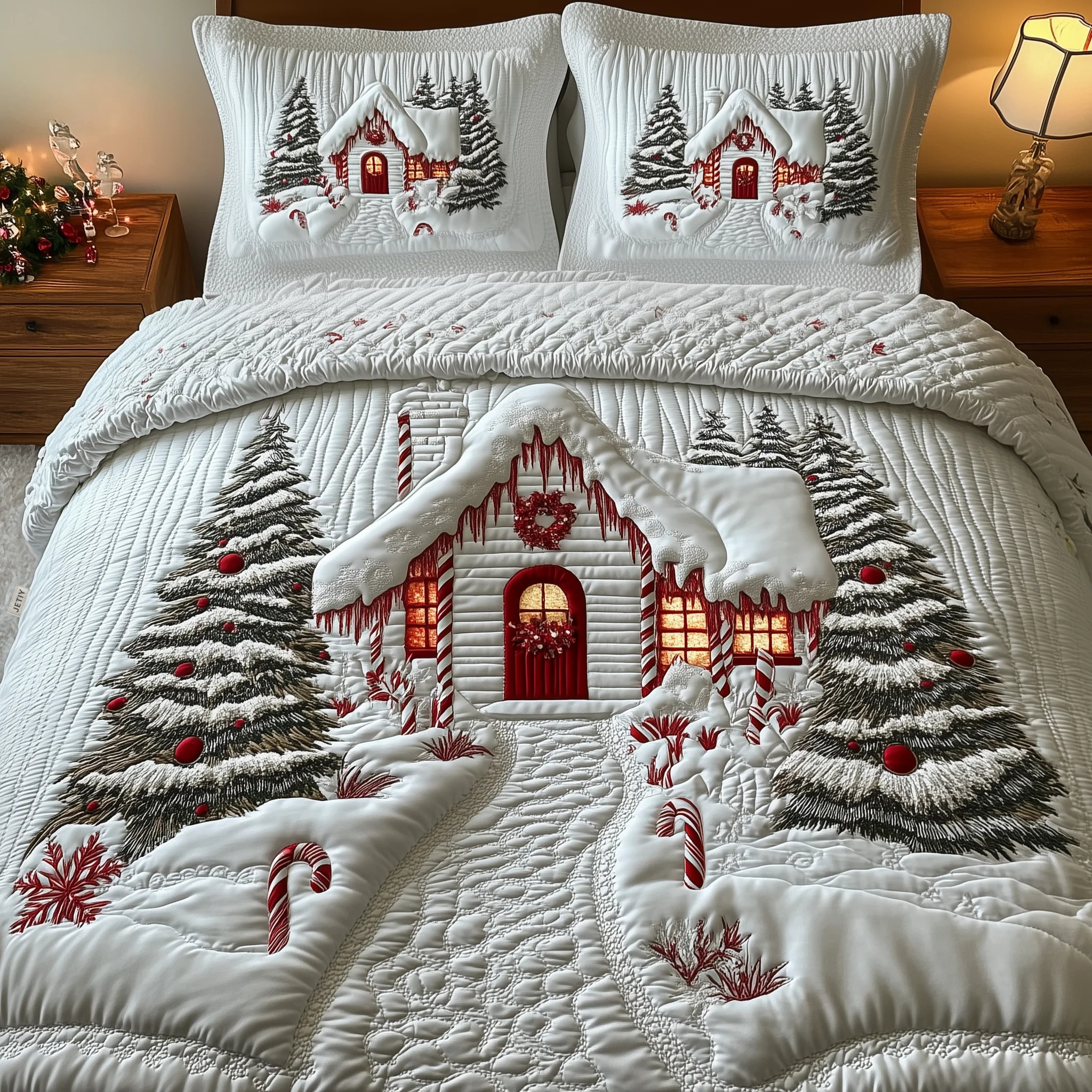 Candy Canes Whimsical House Quilted Bedding Set Christmas Bedding Queen Christmas Present Ideas For Men
