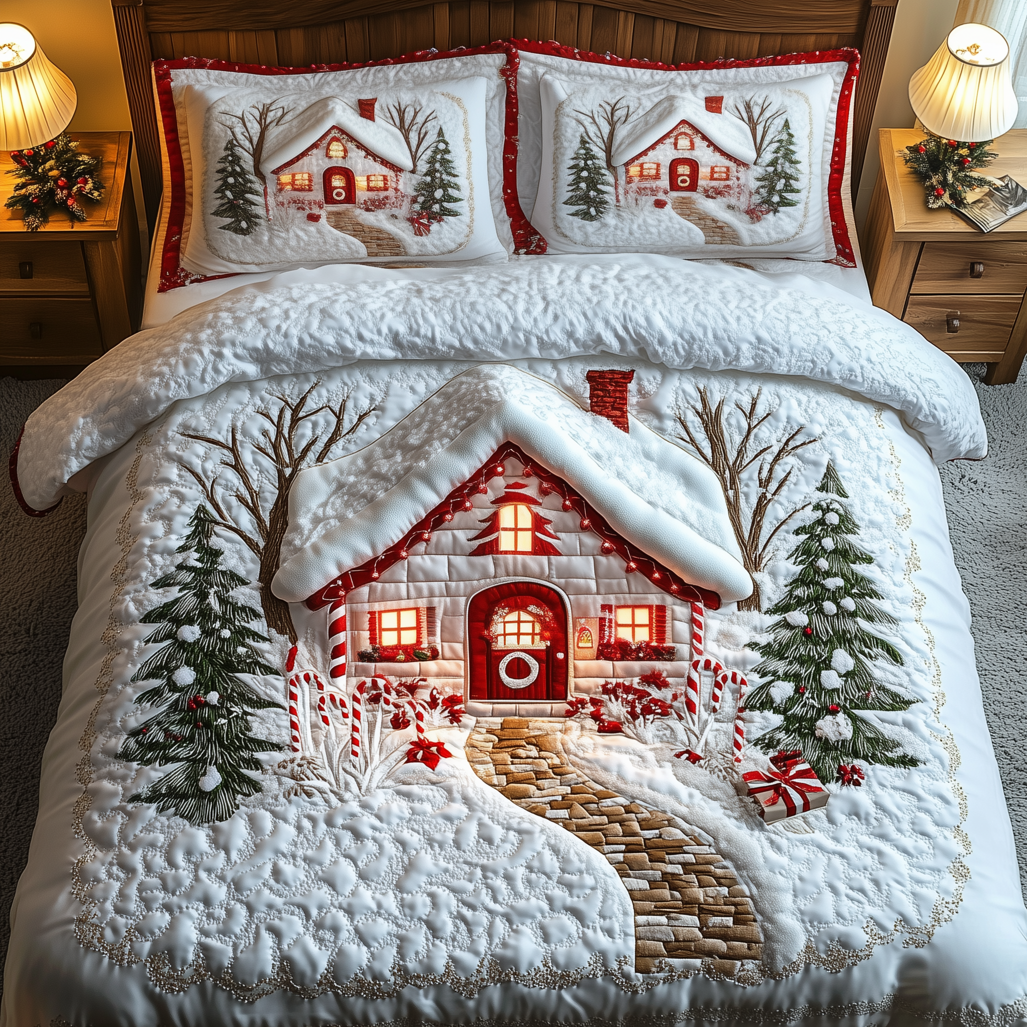Candy Canes Whimsical House Quilted Bedding Set Christmas Bedspreads Christmas Ideas For Him