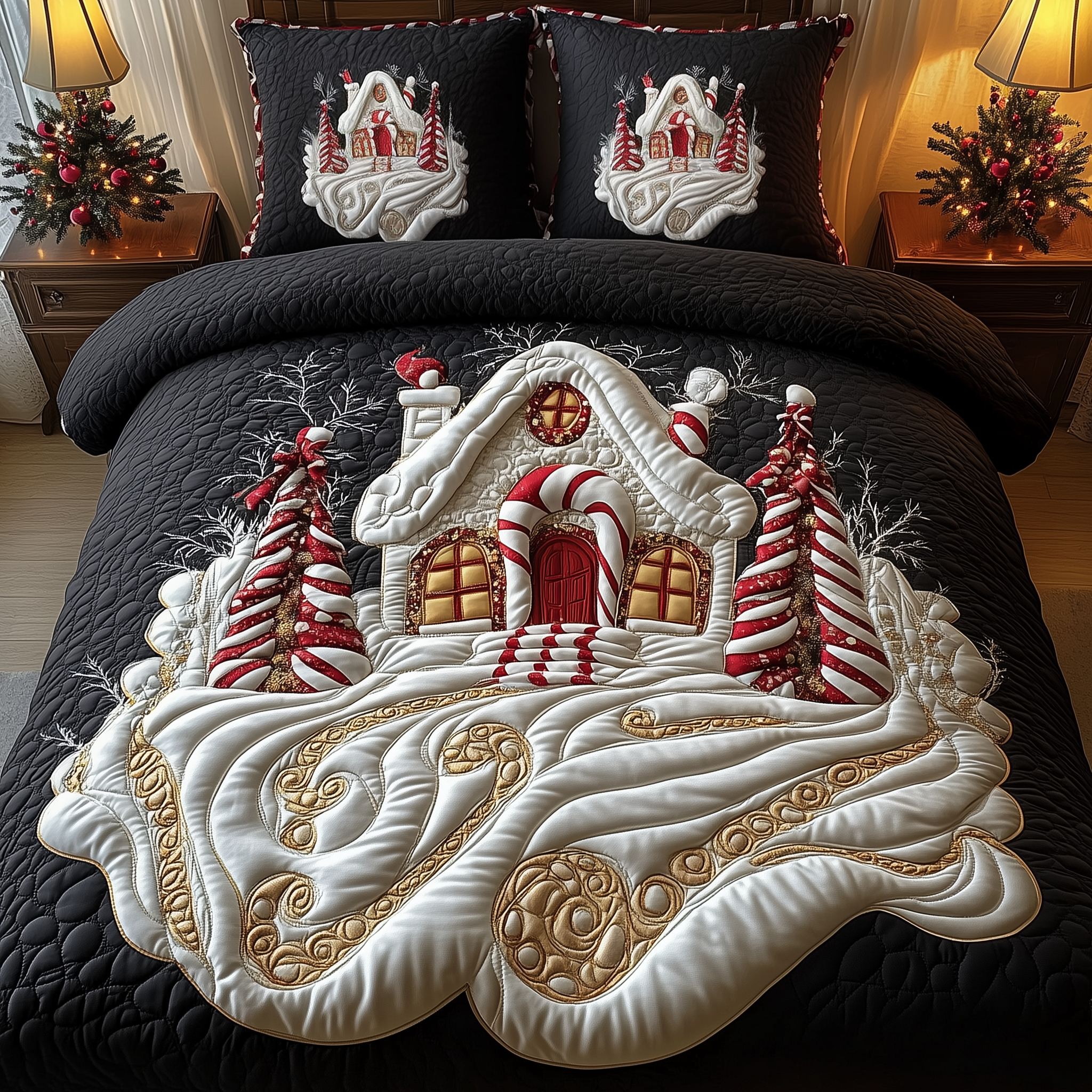 Candy Canes Whimsical House Quilted Bedding Set Christmas Sheets King Christmas Present Ideas For Dad