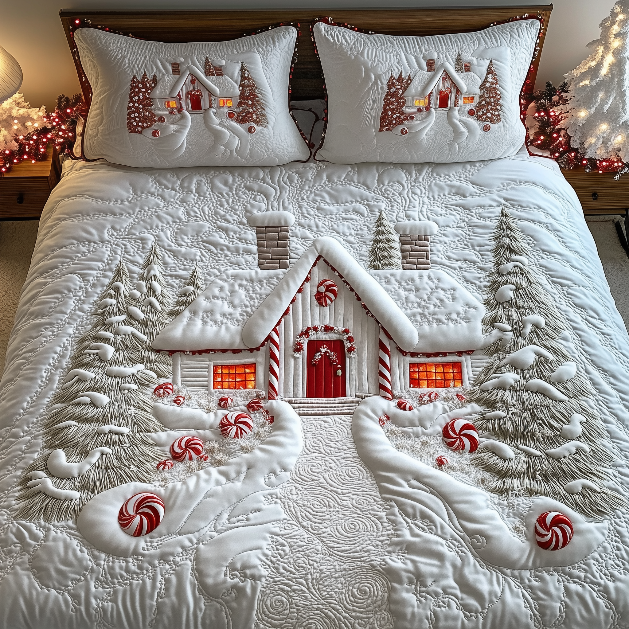 Candy Canes Whimsical House Quilted Bedding Set Holiday Bedding Sets Xmas Gift Ideas For Men