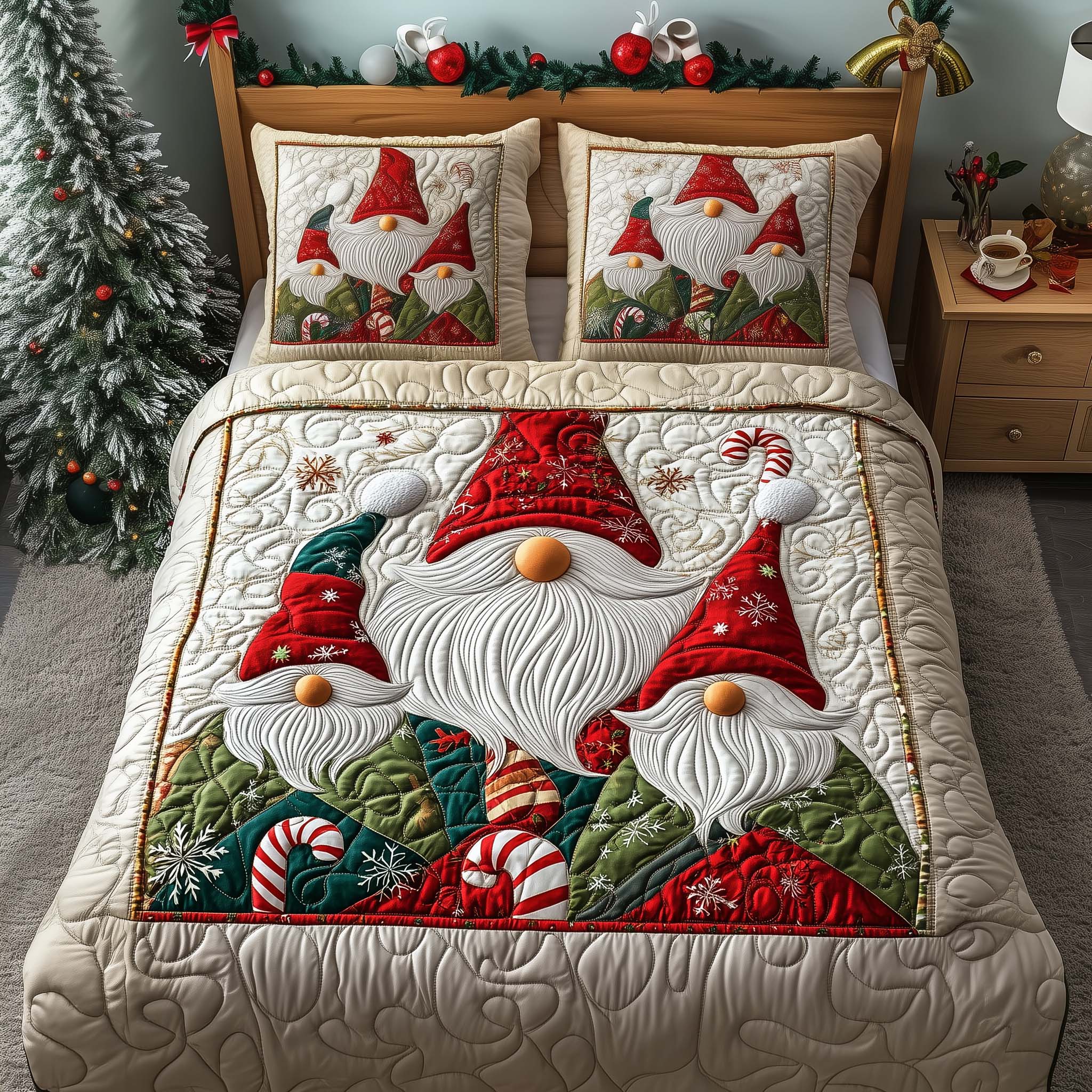Candy Gnomes Quilted Bedding Set Christmas Decoration Ideas Room Gnome Christmas Gifts