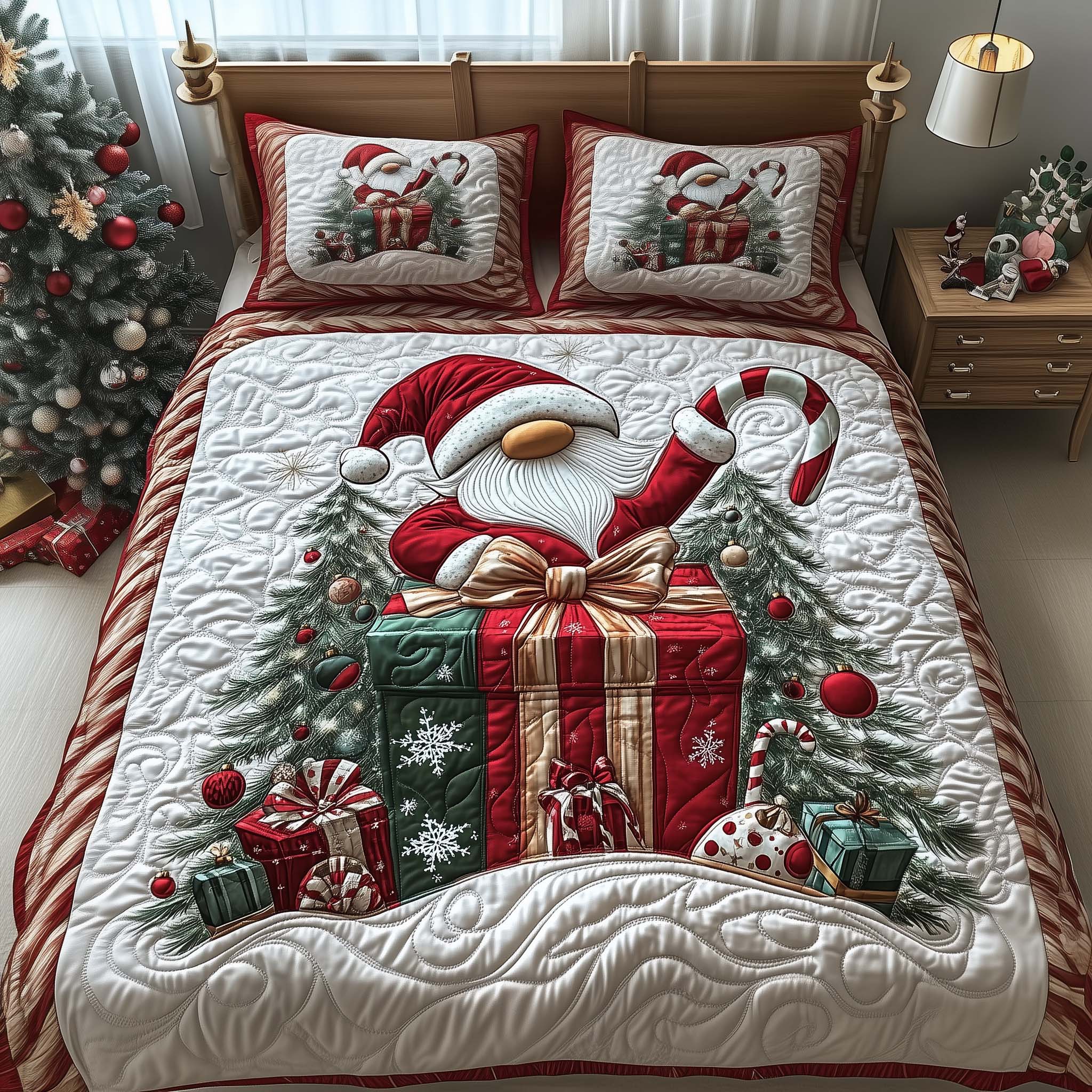 Candy Gnomes Quilted Bedding Set Xmas Bed Sheets Gnome Christmas Gifts