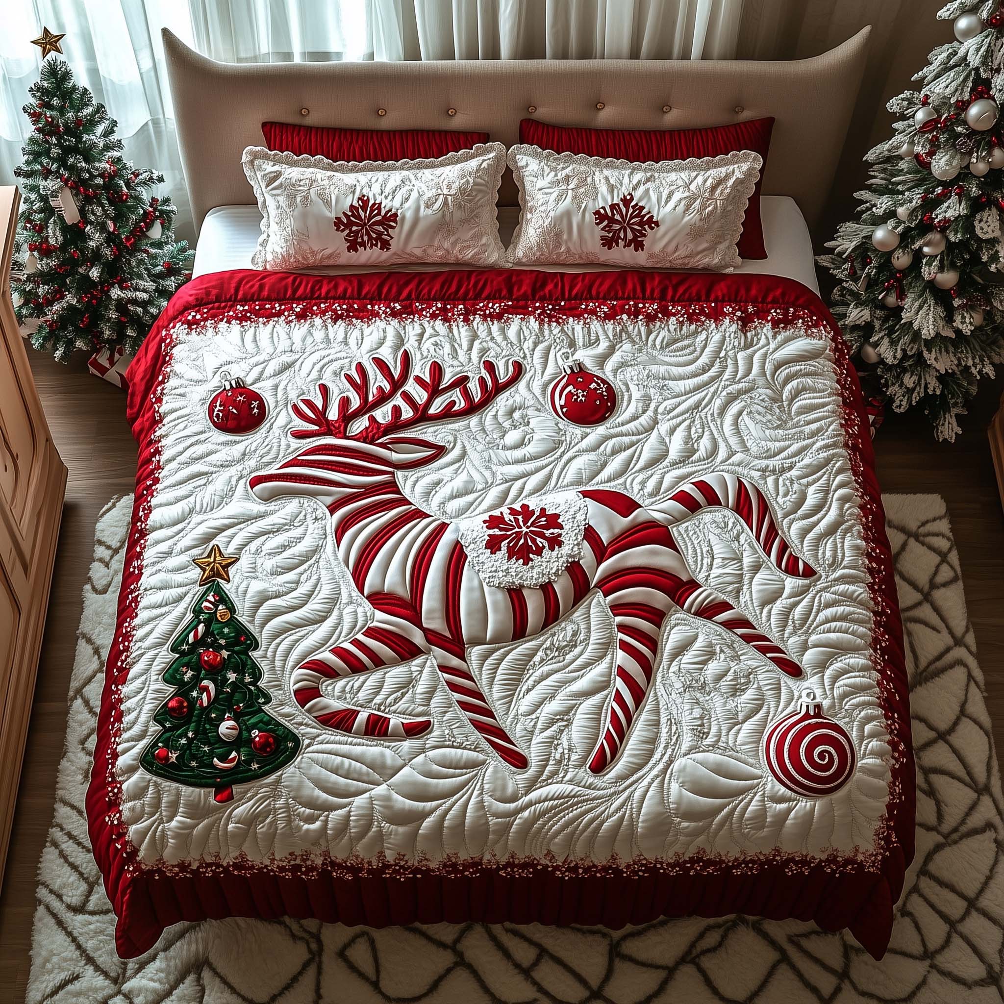 Candy Striped Reindeer Quilted Bedding Set Xmas Bedspreads Gifts To Give Mother In Law For Christmas