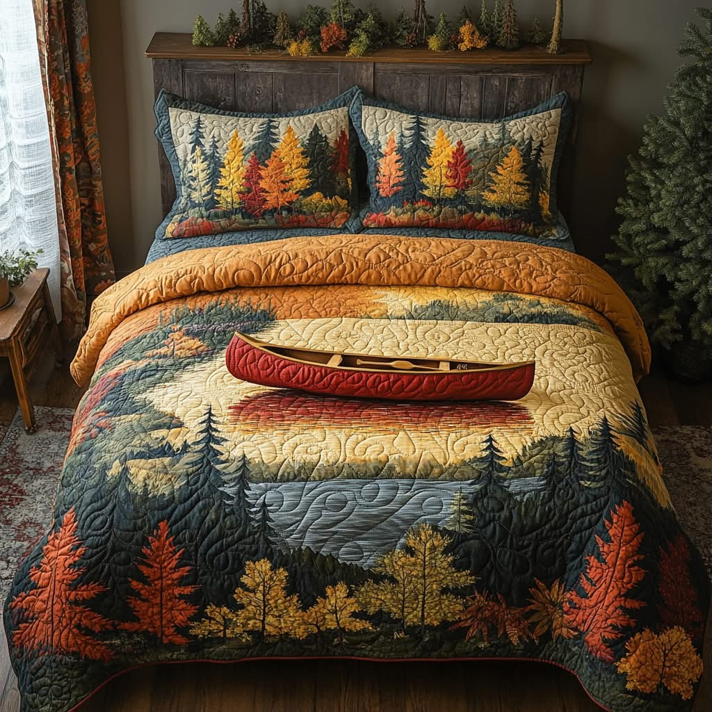 Canoe Rustic Lake Quilted Bedding Set Aesthetic Autumn Vibe Bed Decor Gifts For Fall Lovers