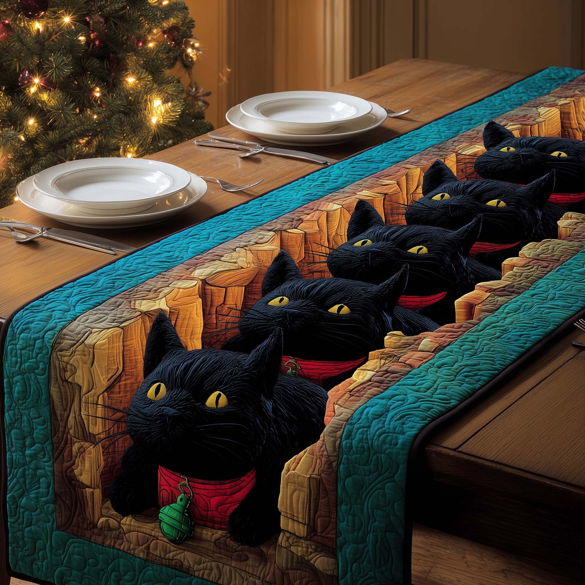 Canyon Cats Quilted Table Runner Christmas Dinner Decorations Cat Gifts For Him Her