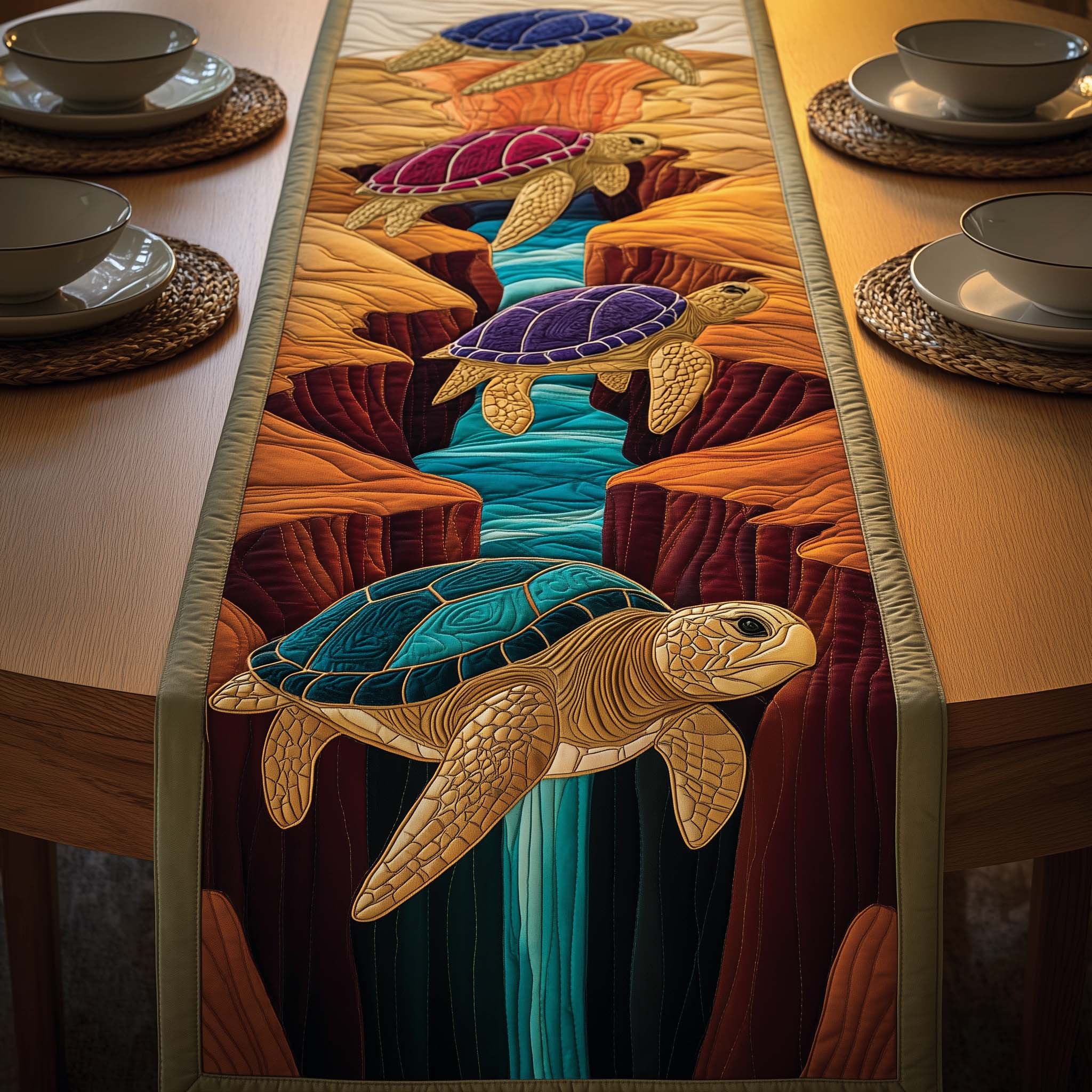 Canyon Turtles Quilted Table Runner Boho Macrame Table Runner Turtle Gifts For Dad