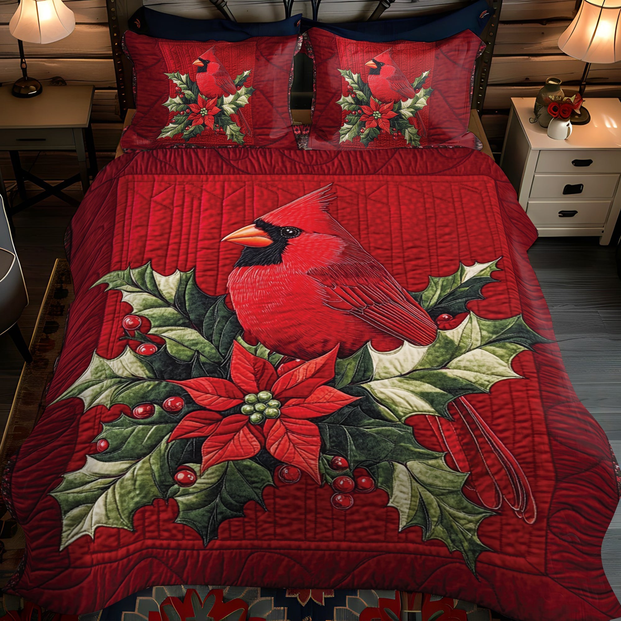 Cardinal Charm Quilted Bedding Set Unique Bed Sheet Set Cardinal Bird Gifts