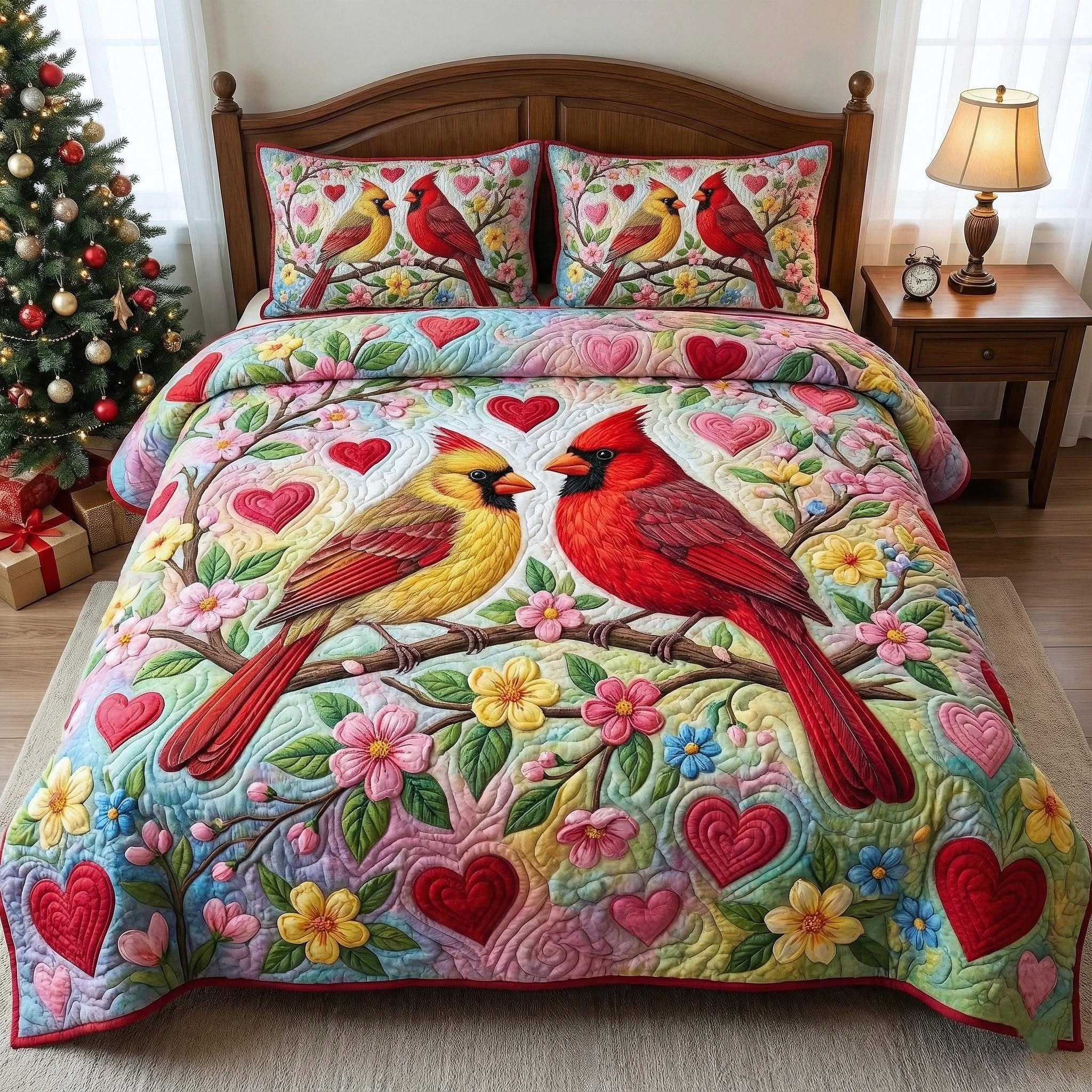Cardinal Couple Quilted Bedding Set Vibrant Floral Bed Sheet Set Valentine Bedroom Decor