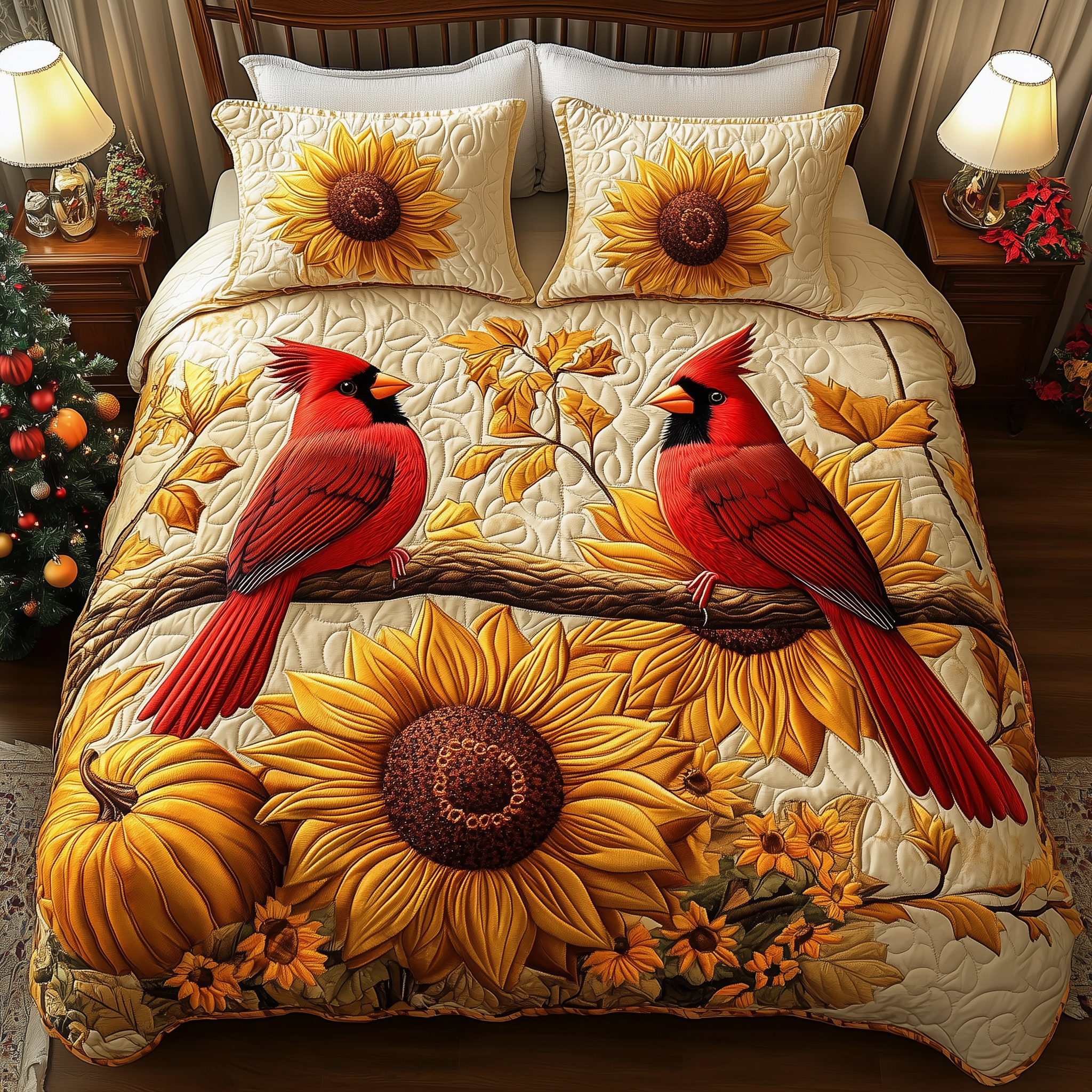 Cardinal Golden Harvest Quilted Bedding Set Cute Christmas Bedrooms Red Cardinal Gift Items
