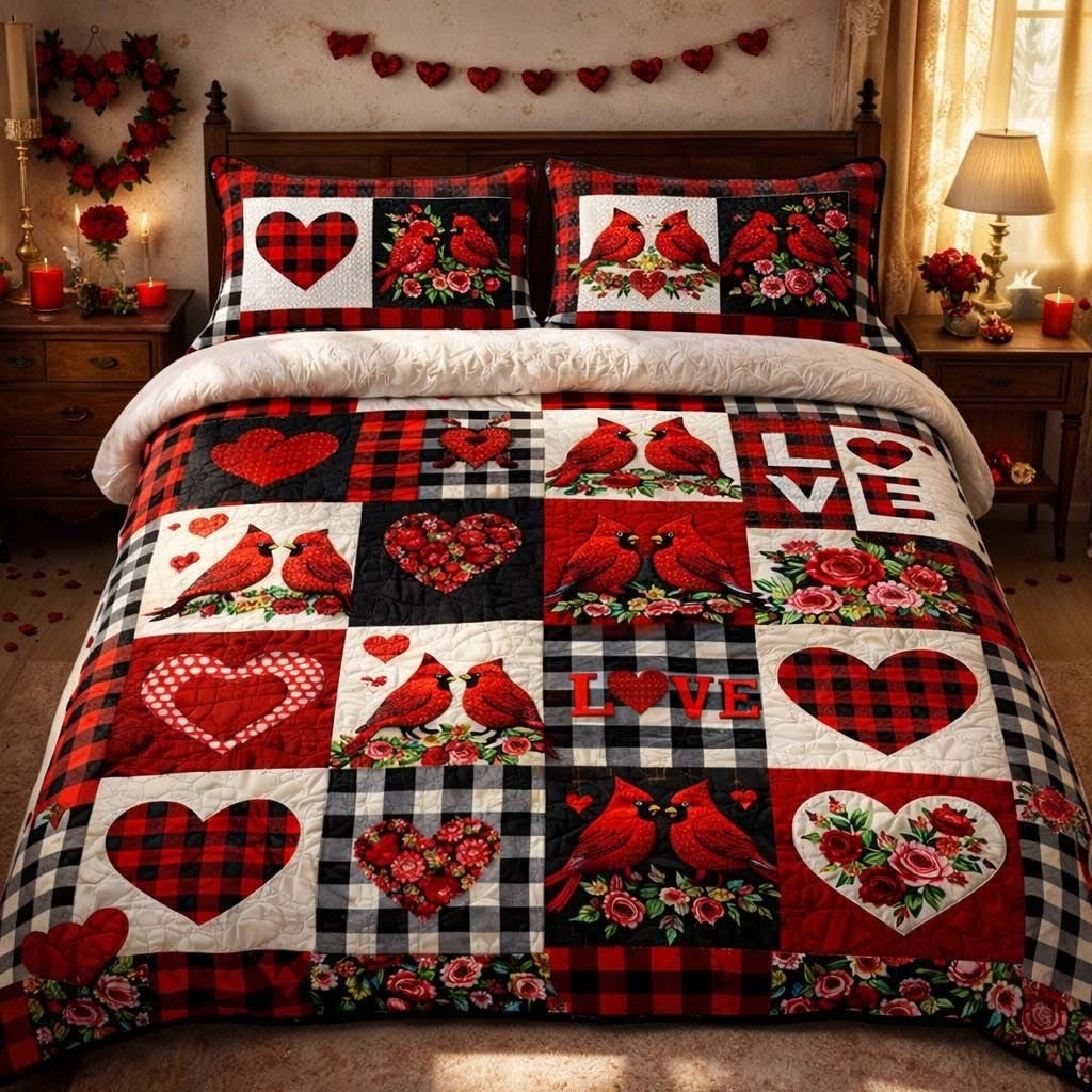 Cardinal Patchwork Love Quilted Bedding Set Valentine Day Duvet Cover Set Cardinal Lovers Gifts