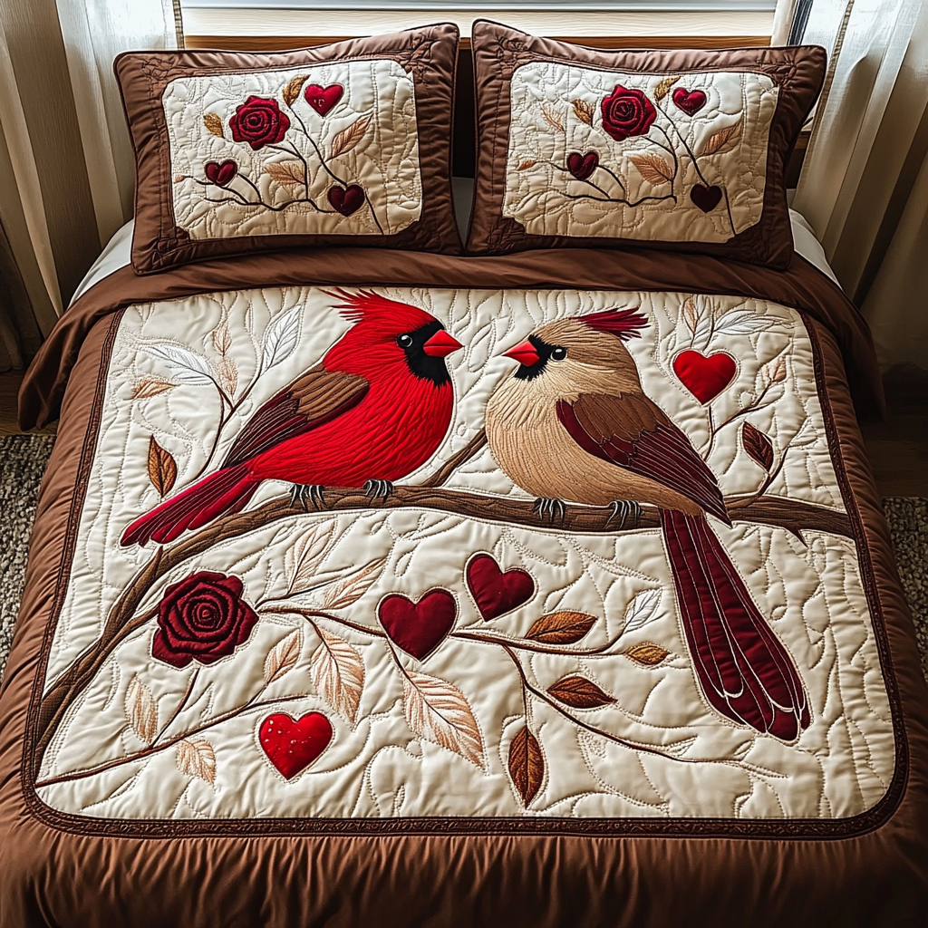 Cardinal Romance Quilted Bedding Set Cute Bed Sheet Set Cardinal Gifts For Her