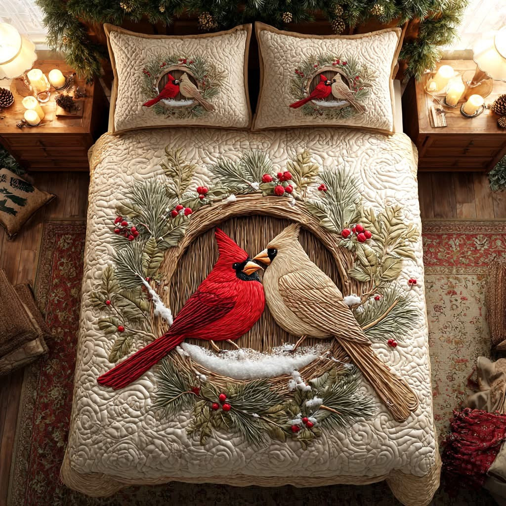 Cardinal Winter Whisper Christmas Quilted Bedding Set Holiday Best Gifts For Couples