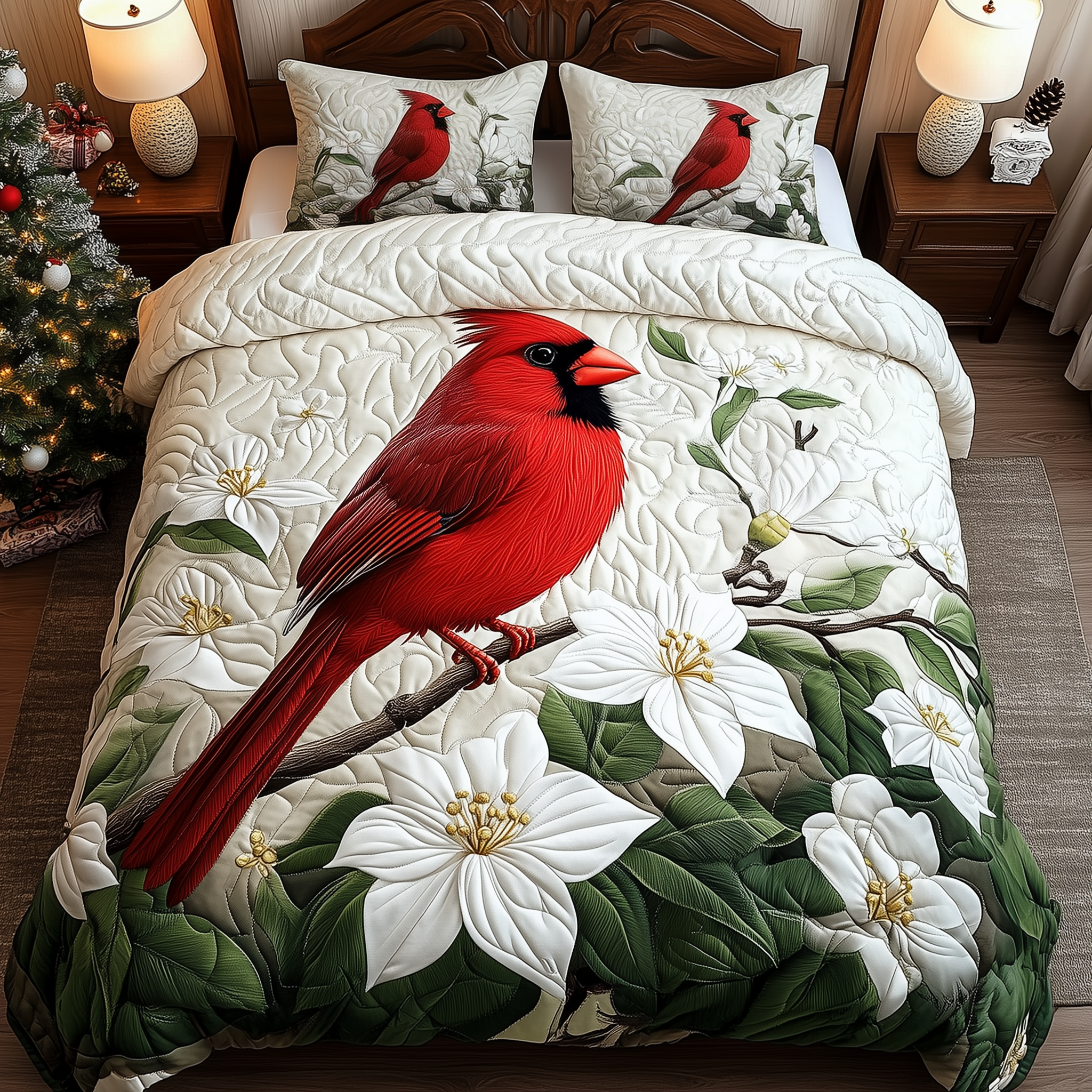 Cardinals in Bloom Quilted Bedding Set Christmas Decoration Ideas Room Red Cardinal Memorial Gift